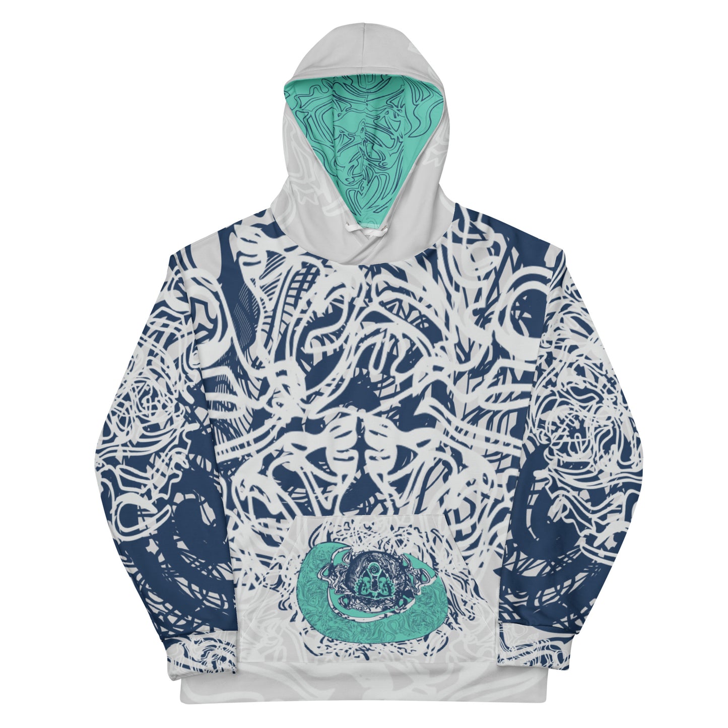 Recycled unisex hoodie with all-over abstract design in navy and jade, featuring hand-drawn mirrored faces and fluid line art—made for bold self-expression.