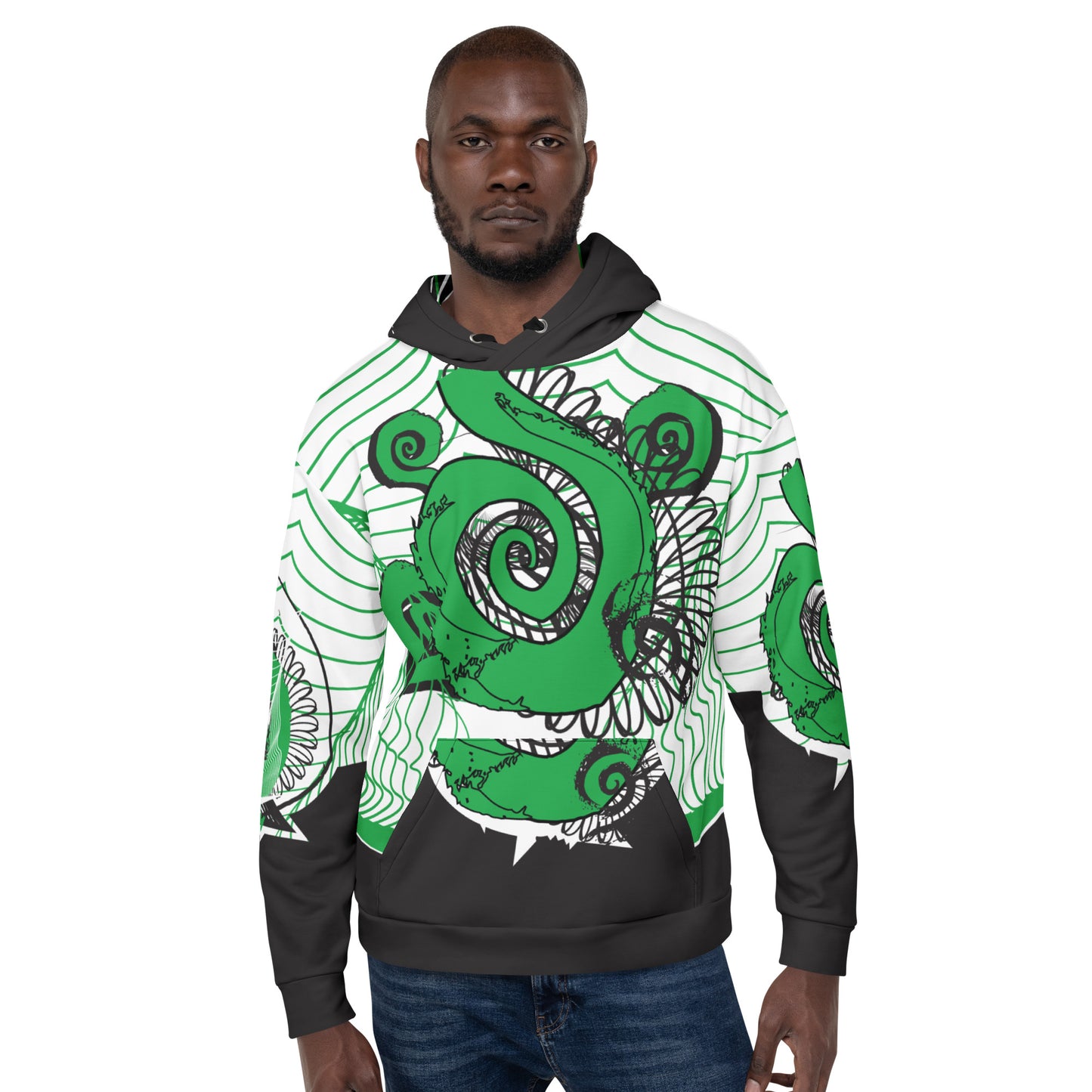 Hand-illustrated unisex hoodie featuring bold green spirals and a drawing of two mirrored faces — crafted for authentic self-expression and inspired by global artistic traditions, exclusive to KLOE.