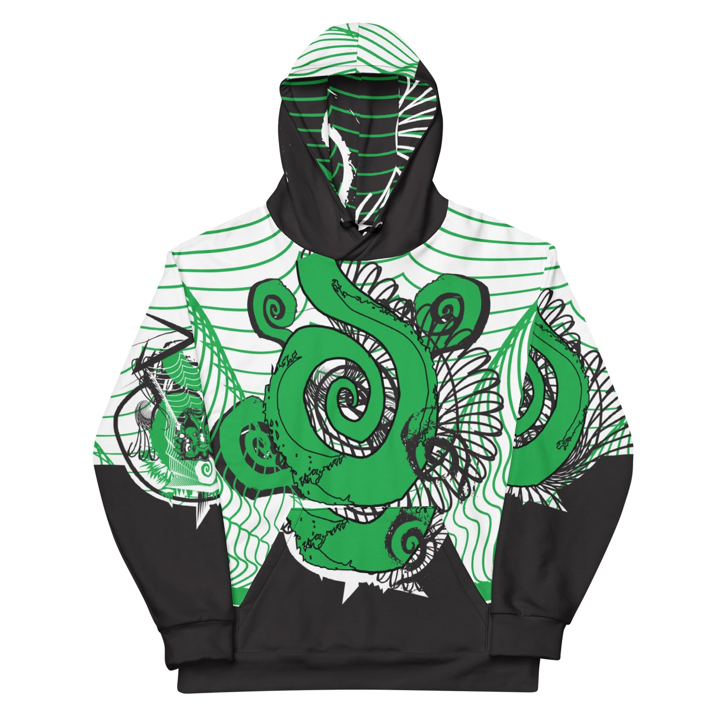 Hand-illustrated unisex hoodie featuring bold green spirals and a drawing of two mirrored faces — crafted for authentic self-expression and inspired by global artistic traditions, exclusive to KLOE.