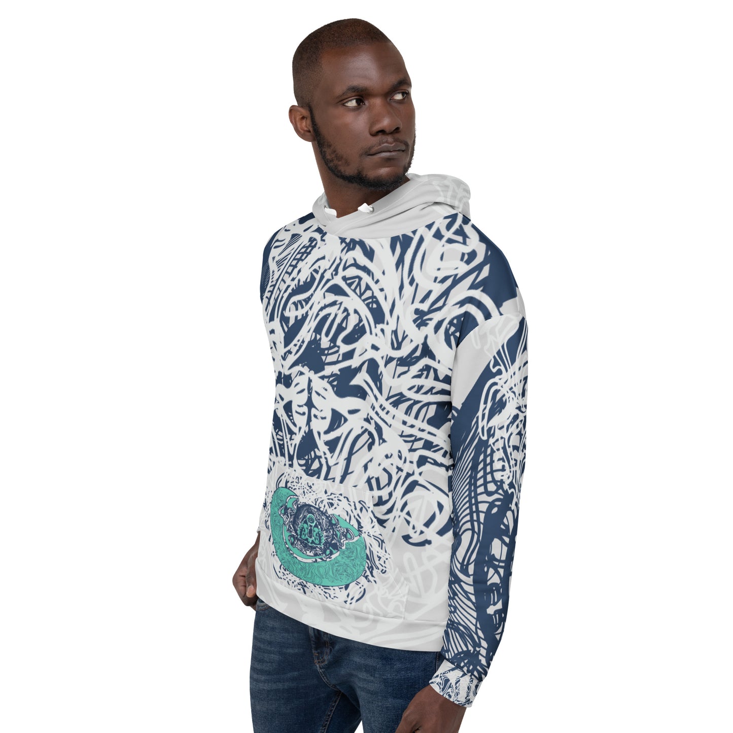 Recycled unisex hoodie with all-over abstract design in navy and jade, featuring hand-drawn mirrored faces and fluid line art—made for bold self-expression.