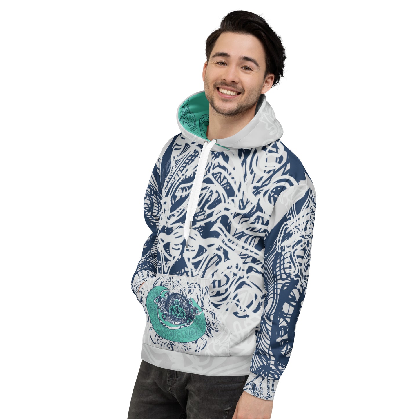 Recycled unisex hoodie with all-over abstract design in navy and jade, featuring hand-drawn mirrored faces and fluid line art—made for bold self-expression.
