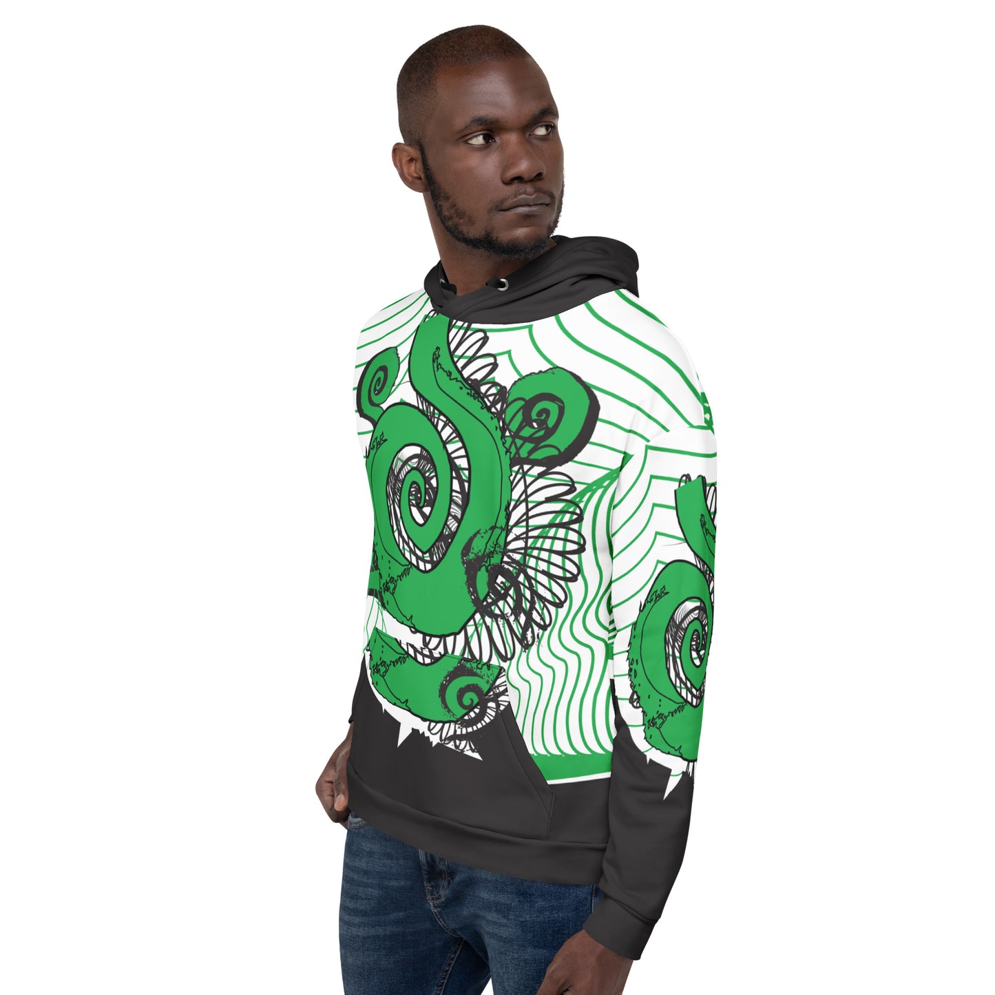 Hand-illustrated unisex hoodie featuring bold green spirals and a drawing of two mirrored faces — crafted for authentic self-expression and inspired by global artistic traditions, exclusive to KLOE.
