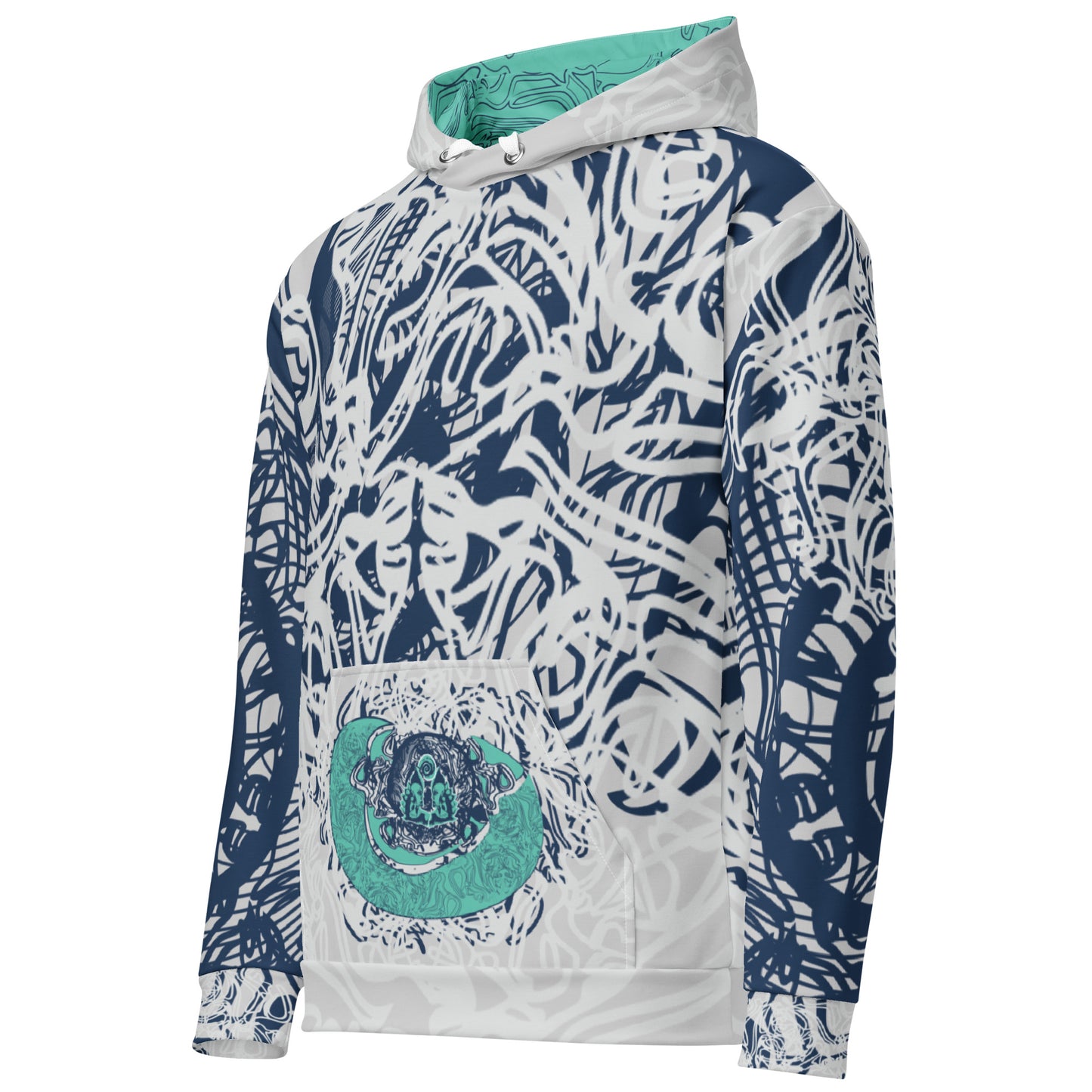 Recycled unisex hoodie with all-over abstract design in navy and jade, featuring hand-drawn mirrored faces and fluid line art—made for bold self-expression.