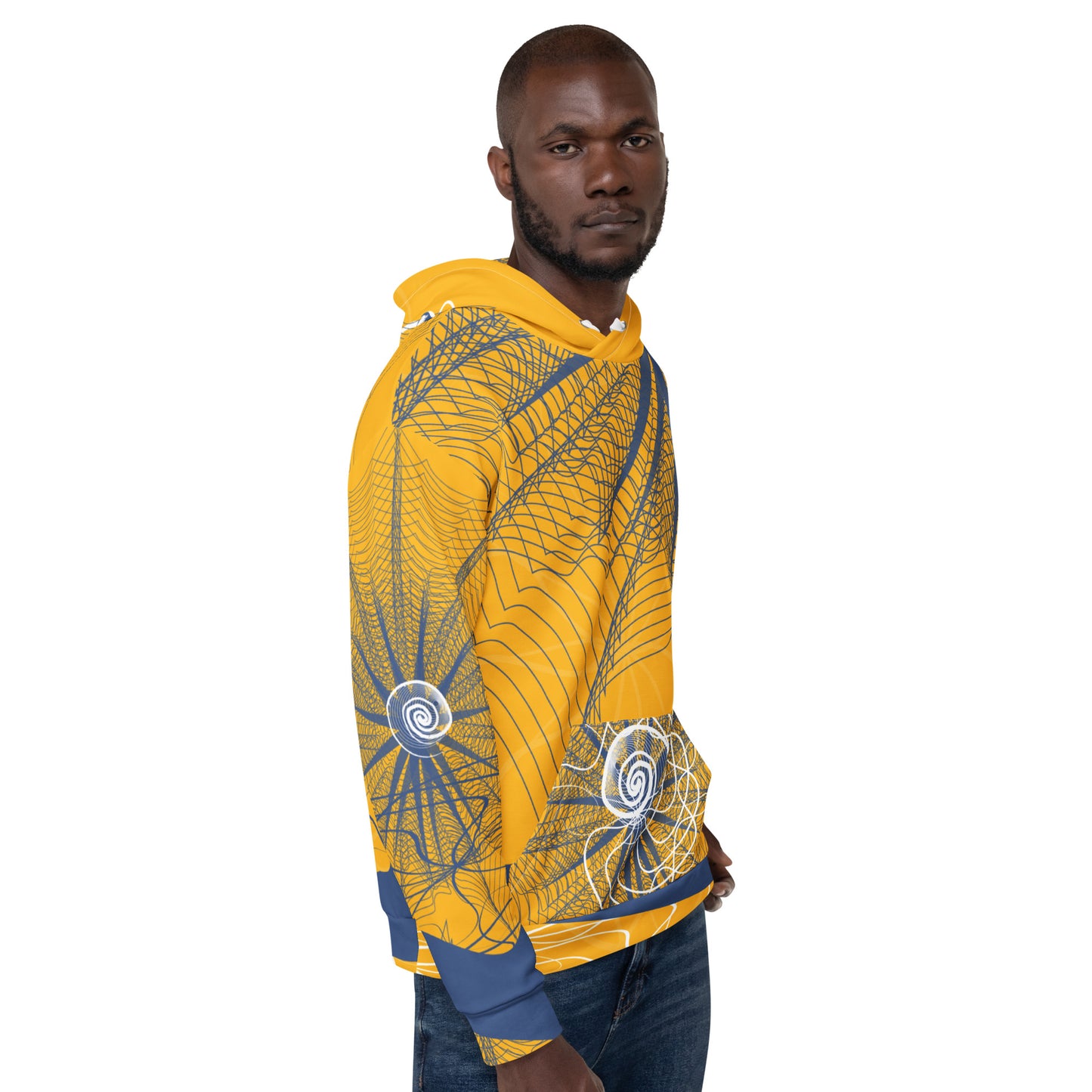 Front view of a golden yellow hoodie featuring navy web-like patterns, white spiral graphics, and a front pocket—blending bold streetwear with hand-drawn artistic detail.