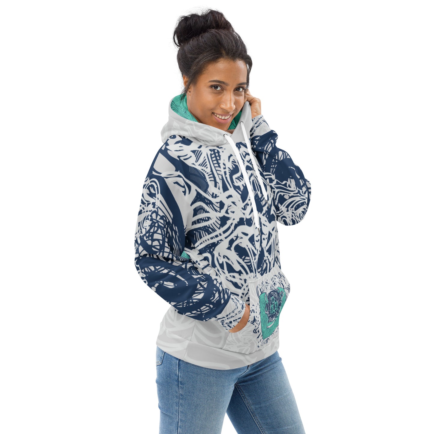 Recycled unisex hoodie with all-over abstract design in navy and jade, featuring hand-drawn mirrored faces and fluid line art—made for bold self-expression.
