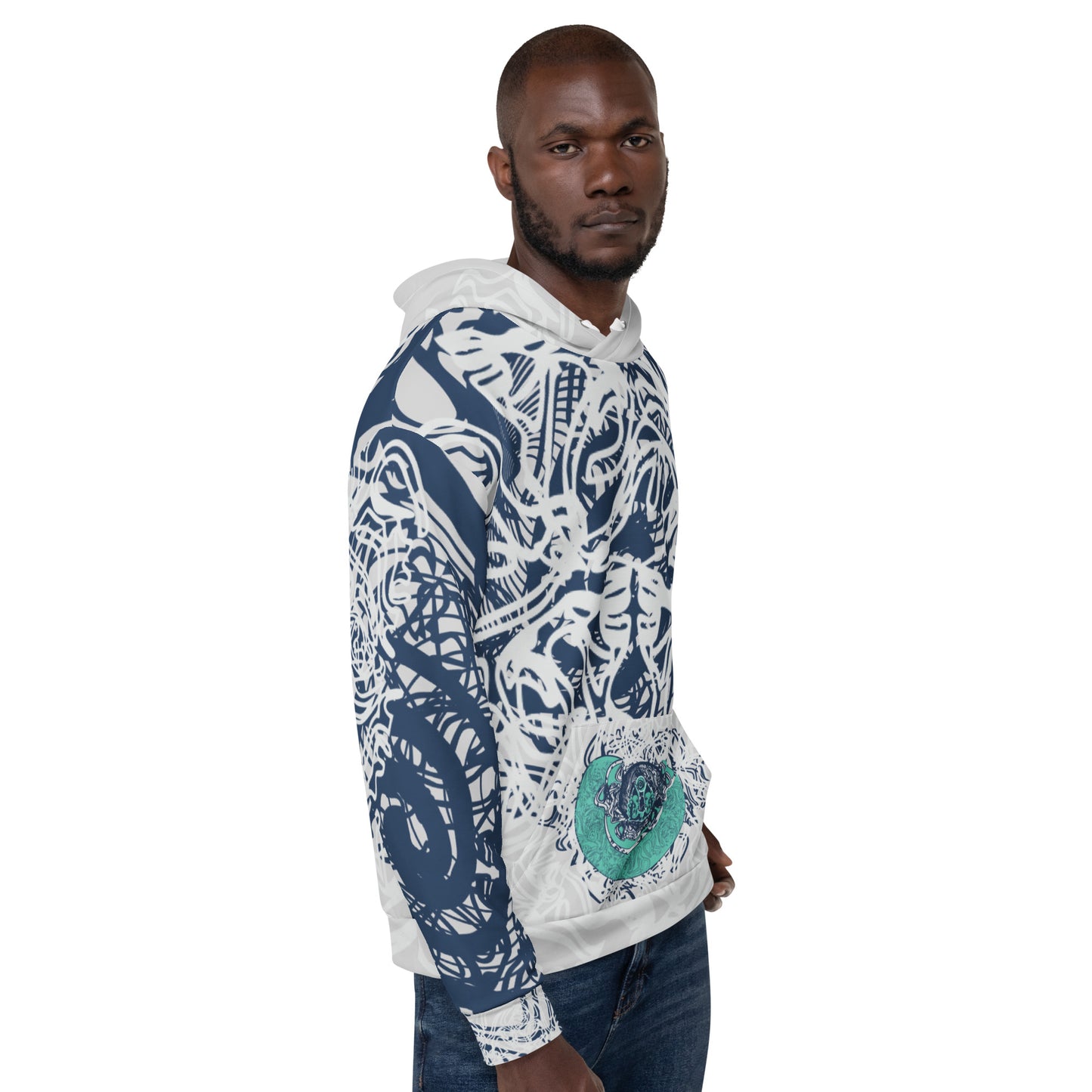 Recycled unisex hoodie with all-over abstract design in navy and jade, featuring hand-drawn mirrored faces and fluid line art—made for bold self-expression.