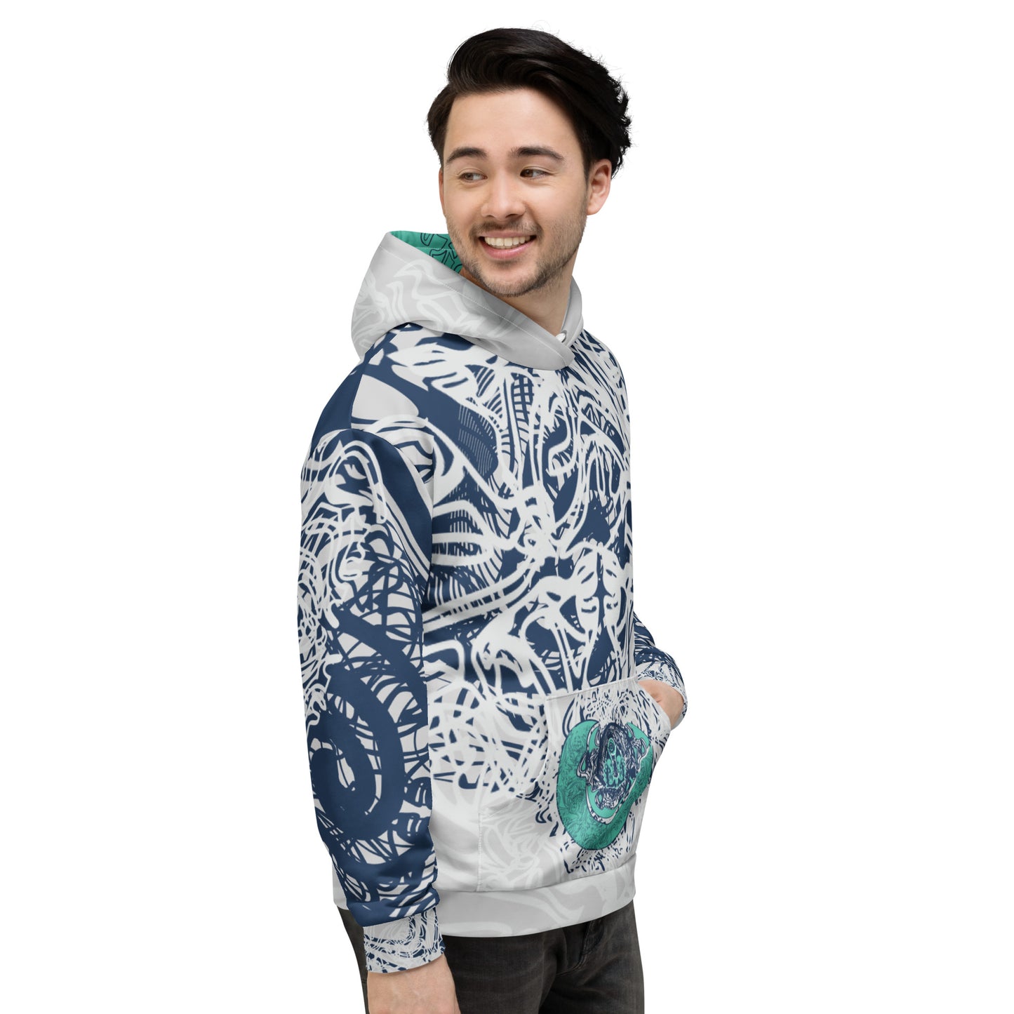 Recycled unisex hoodie with all-over abstract design in navy and jade, featuring hand-drawn mirrored faces and fluid line art—made for bold self-expression.
