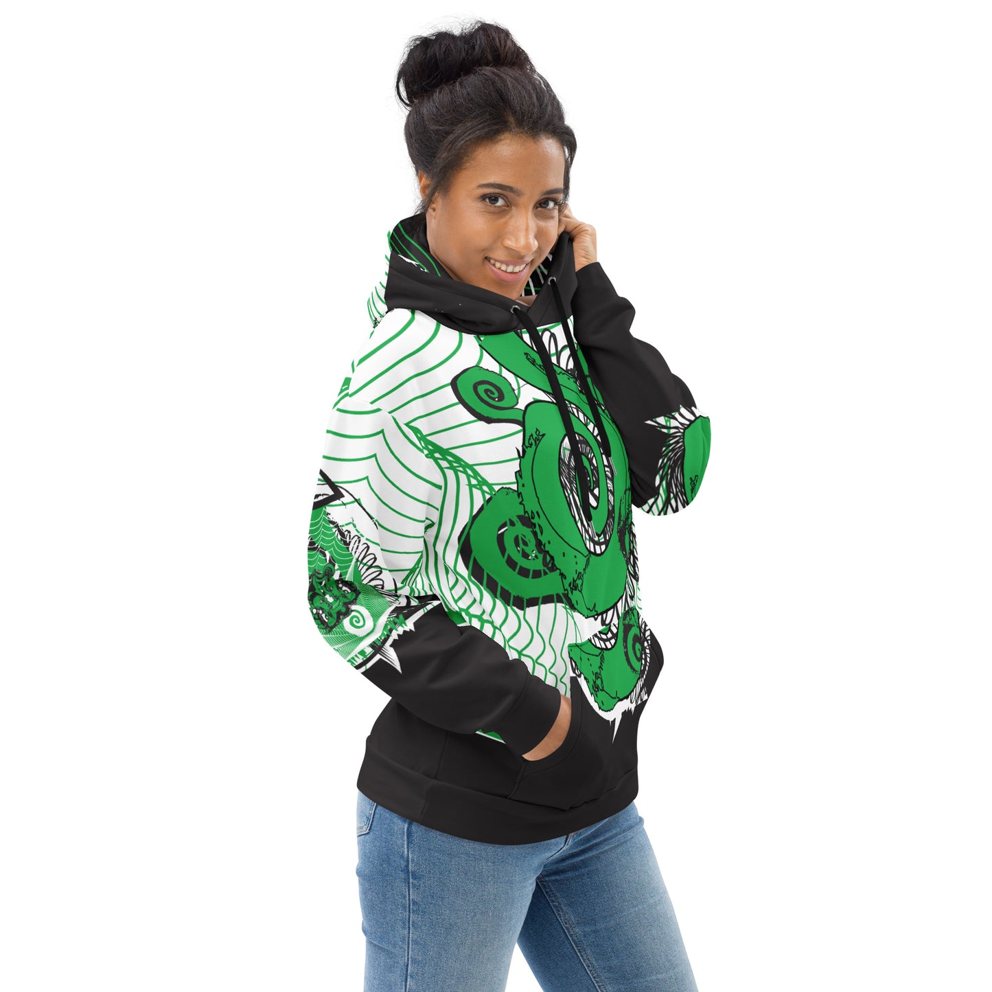 Hand-illustrated unisex hoodie featuring bold green spirals and a drawing of two mirrored faces — crafted for authentic self-expression and inspired by global artistic traditions, exclusive to KLOE.