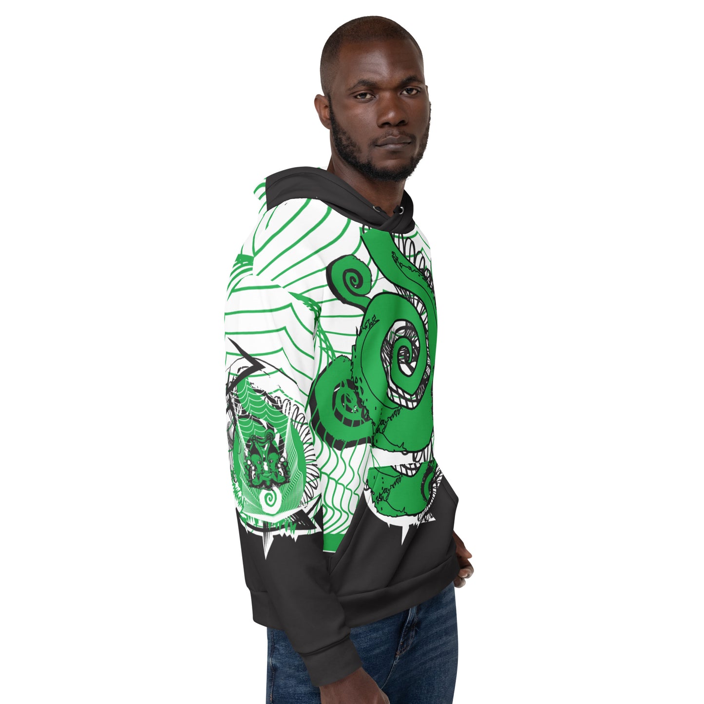 Hand-illustrated unisex hoodie featuring bold green spirals and a drawing of two mirrored faces — crafted for authentic self-expression and inspired by global artistic traditions, exclusive to KLOE.