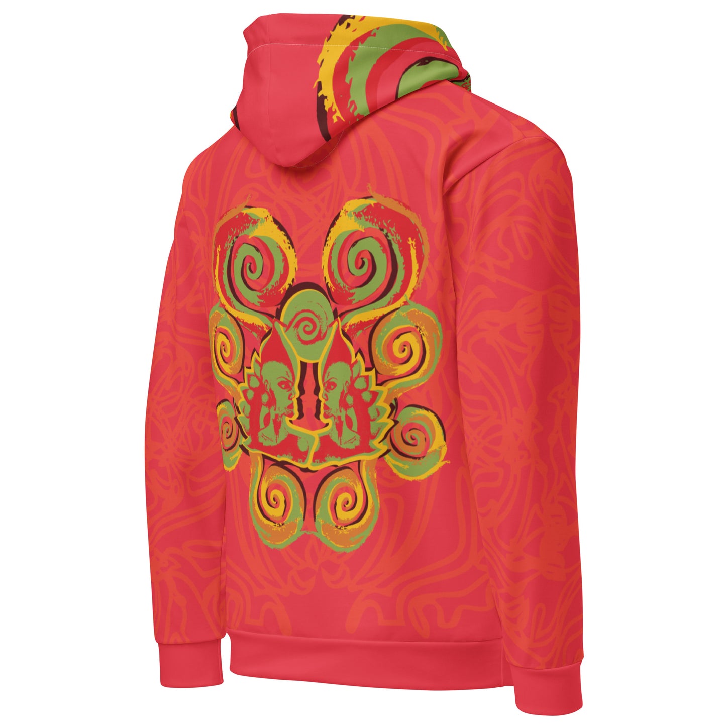 Red hoodie with bold spiral pocket design and mirrored face artwork on the back, inspired by cultural art and self-expression.