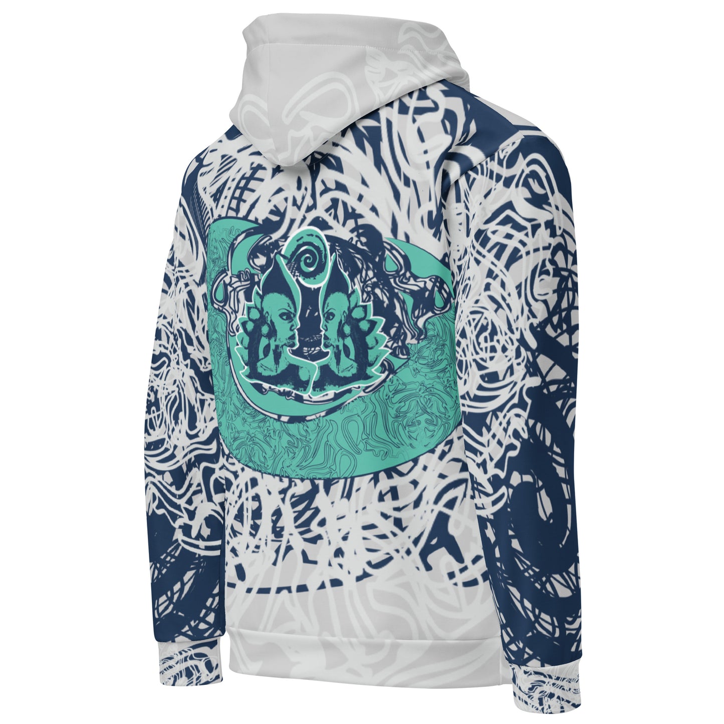 Recycled unisex hoodie with all-over abstract design in navy and jade, featuring hand-drawn mirrored faces and fluid line art—made for bold self-expression.