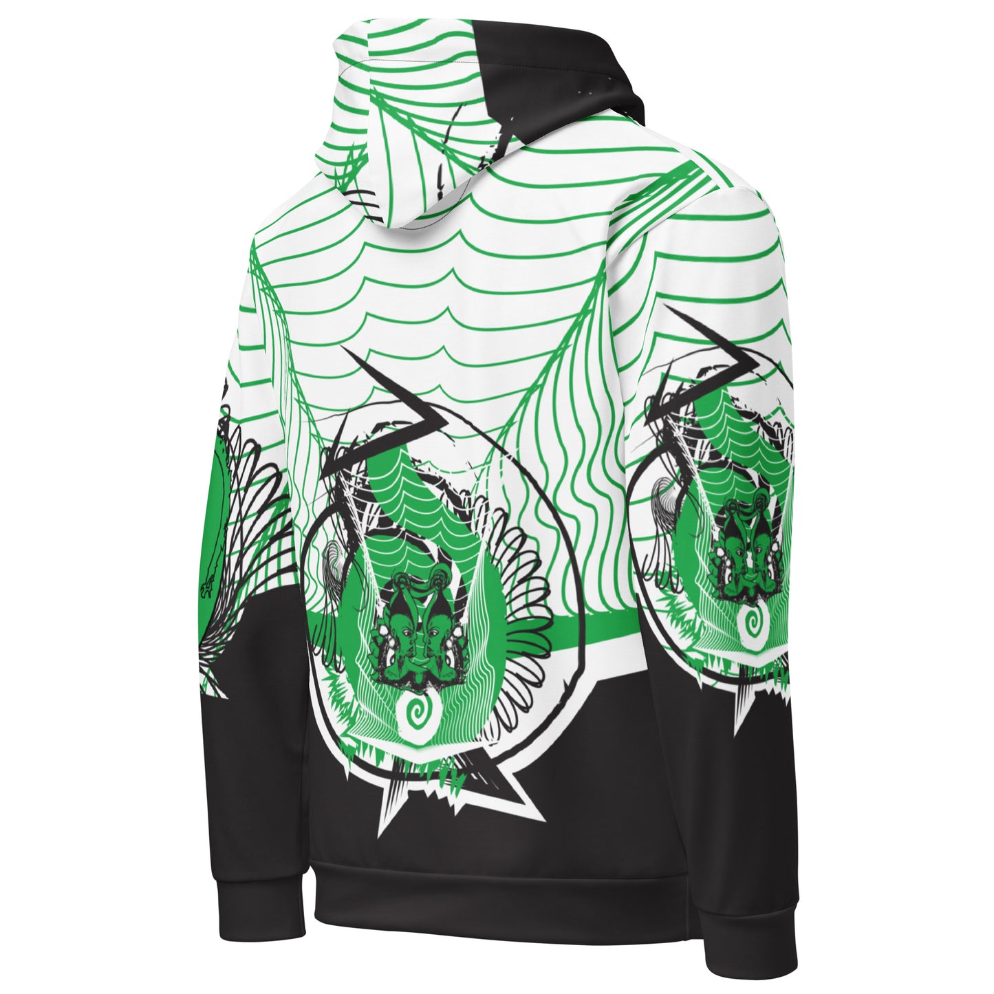 Hand-illustrated unisex hoodie featuring bold green spirals and a drawing of two mirrored faces — crafted for authentic self-expression and inspired by global artistic traditions, exclusive to KLOE.