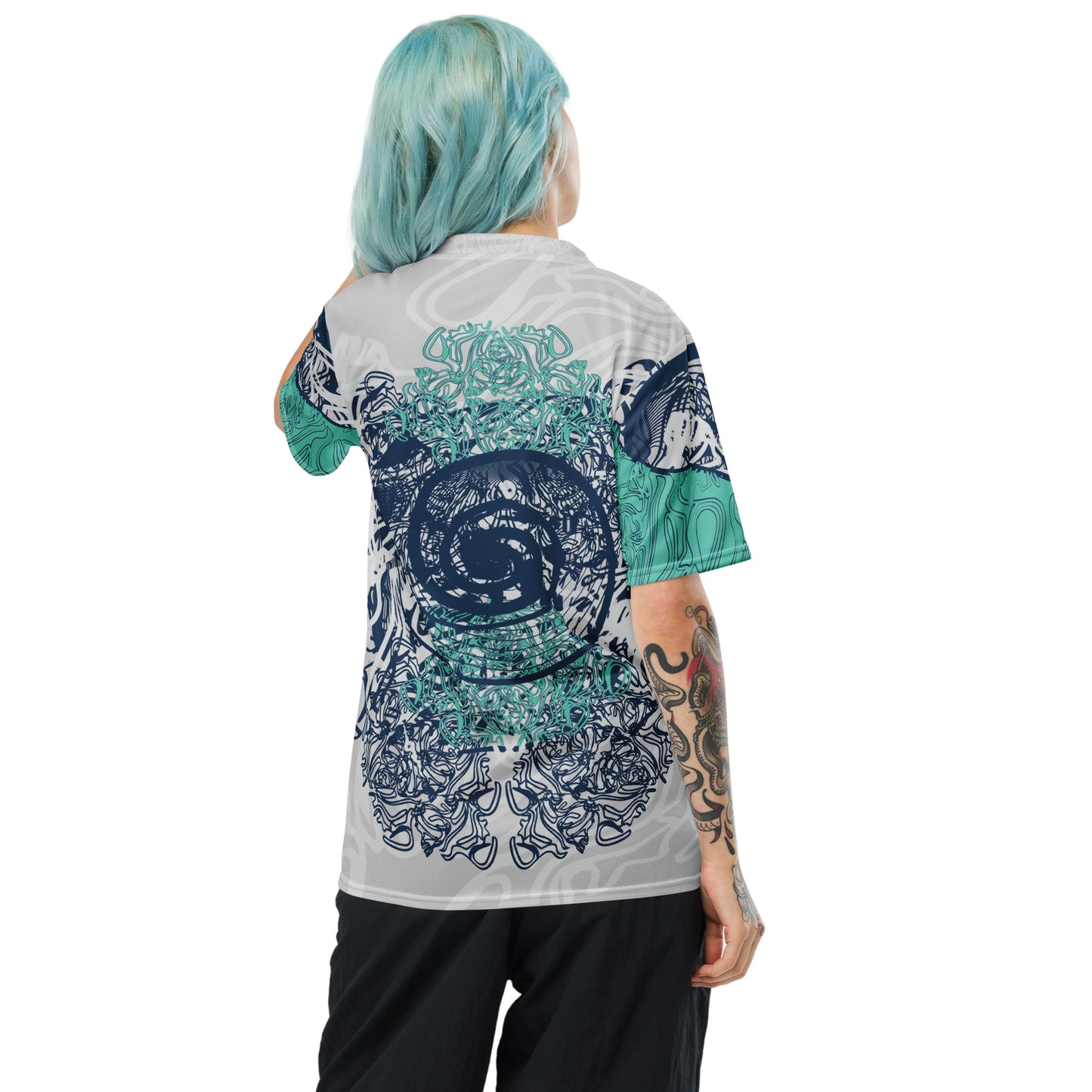 All-over print recycled unisex sports jersey featuring hand-drawn, culturally inspired artwork in navy and jade tones—celebrating individuality and artistic expression through intricate, abstract symbolism. Made by KLOE.