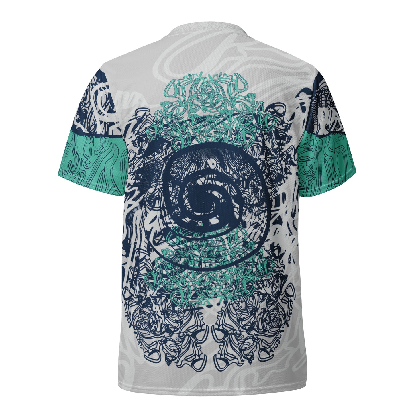 All-over print recycled unisex sports jersey featuring hand-drawn, culturally inspired artwork in navy and jade tones—celebrating individuality and artistic expression through intricate, abstract symbolism. Made by KLOE.