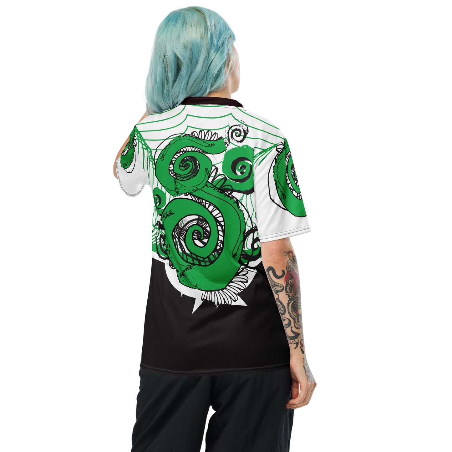 Hand-illustrated unisex sports jersey featuring bold green spirals and abstract face drawings - crafted for authentic self-expression and inspired by global artistic traditions, exclusive to KLOE.