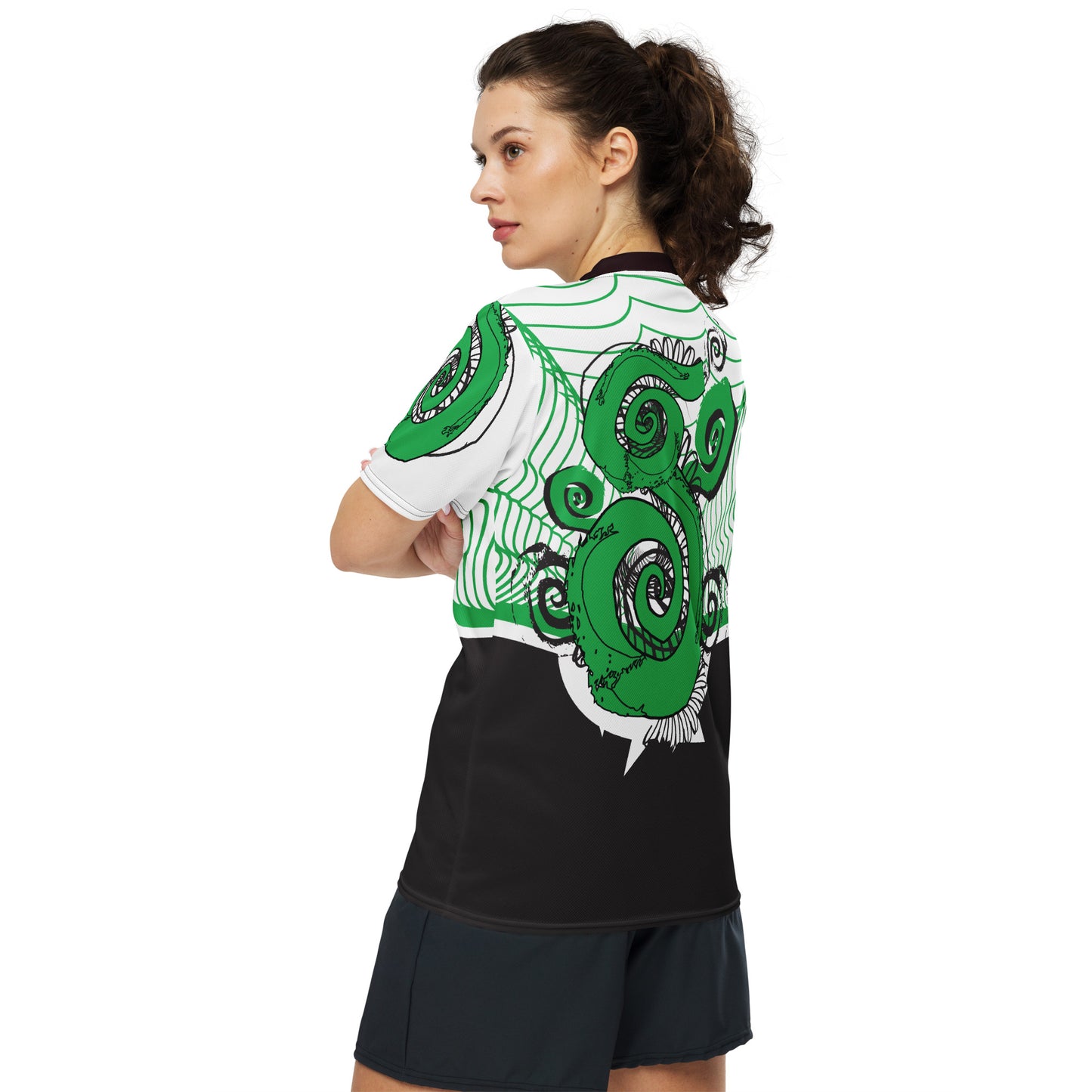 Hand-illustrated unisex sports jersey featuring bold green spirals and abstract face drawings - crafted for authentic self-expression and inspired by global artistic traditions, exclusive to KLOE.