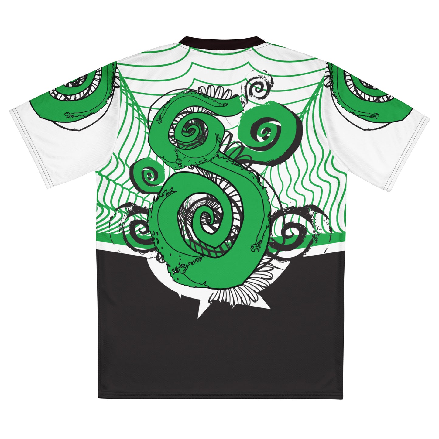 Hand-illustrated unisex sports jersey featuring bold green spirals and abstract face drawings - crafted for authentic self-expression and inspired by global artistic traditions, exclusive to KLOE.