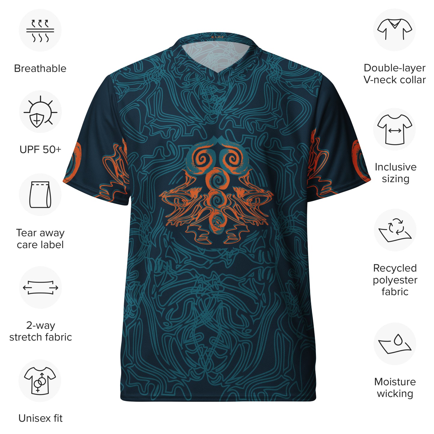 Front view of a navy blue sports jersey featuring intricate cyan line art and bold orange tribal-inspired patterns, with a mirrored abstract design at the center, showing the product details.