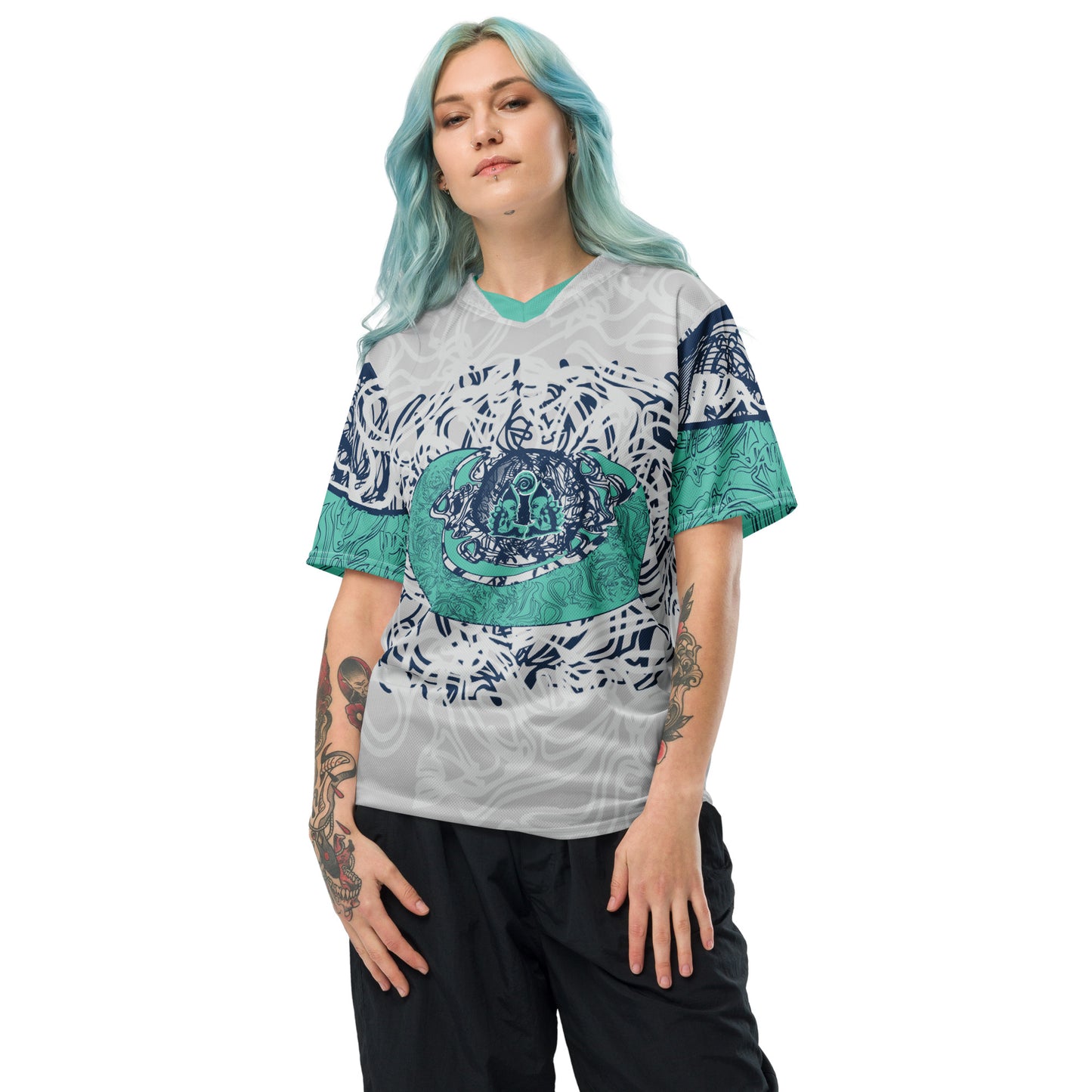 All-over print recycled unisex sports jersey featuring hand-drawn, culturally inspired artwork in navy and jade tones—celebrating individuality and artistic expression through intricate, abstract symbolism. Made by KLOE.