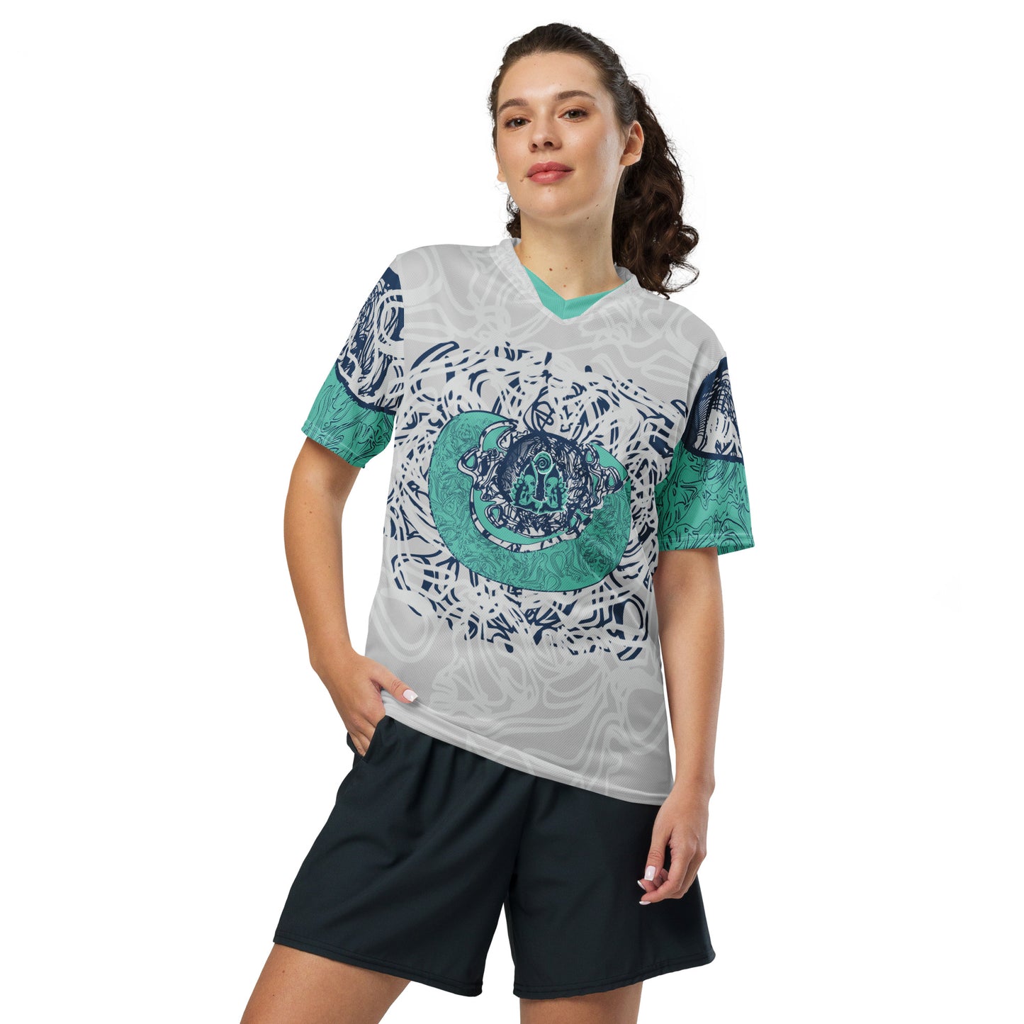 All-over print recycled unisex sports jersey featuring hand-drawn, culturally inspired artwork in navy and jade tones—celebrating individuality and artistic expression through intricate, abstract symbolism. Made by KLOE.
