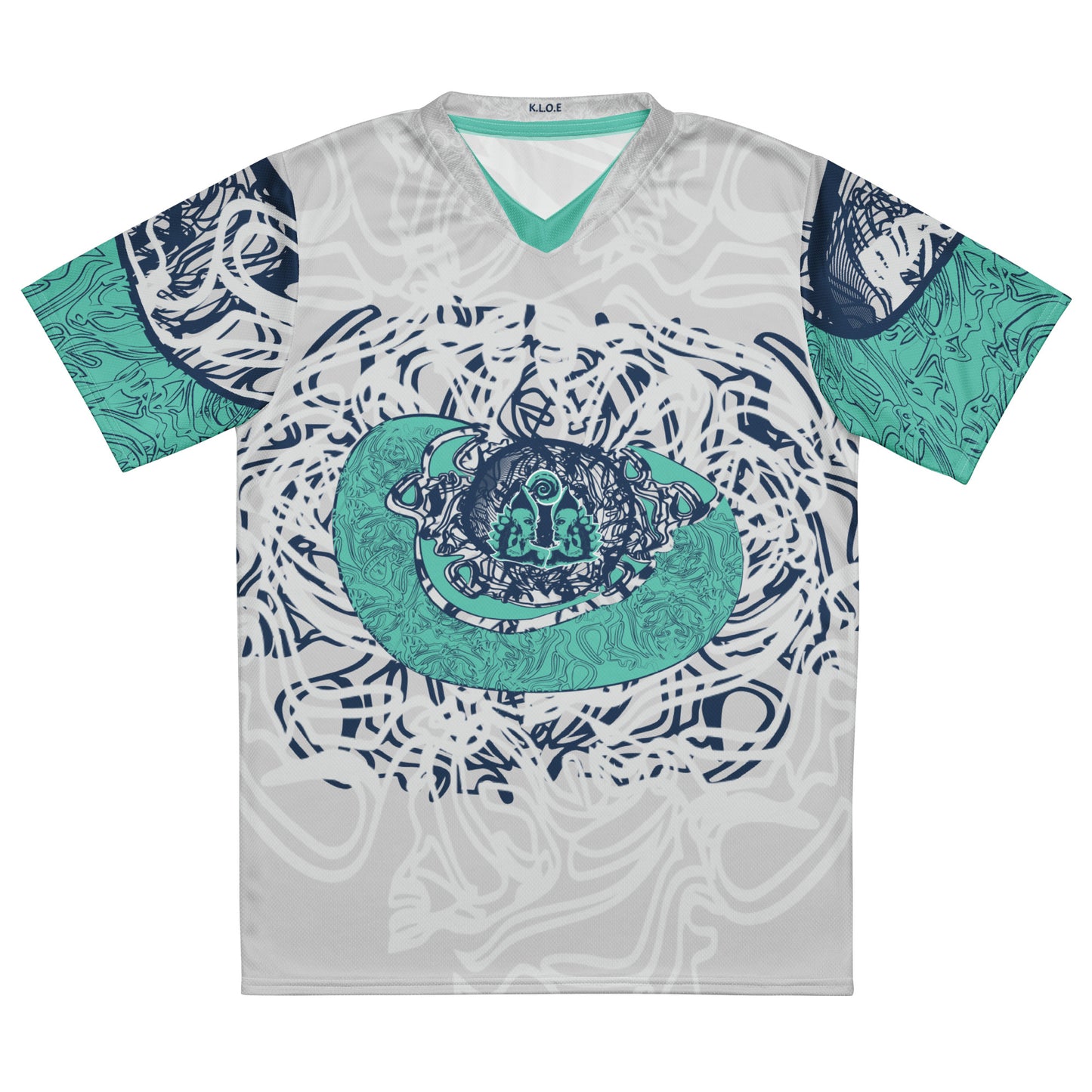 All-over print recycled unisex sports jersey featuring hand-drawn, culturally inspired artwork in navy and jade tones—celebrating individuality and artistic expression through intricate, abstract symbolism. Made by KLOE.