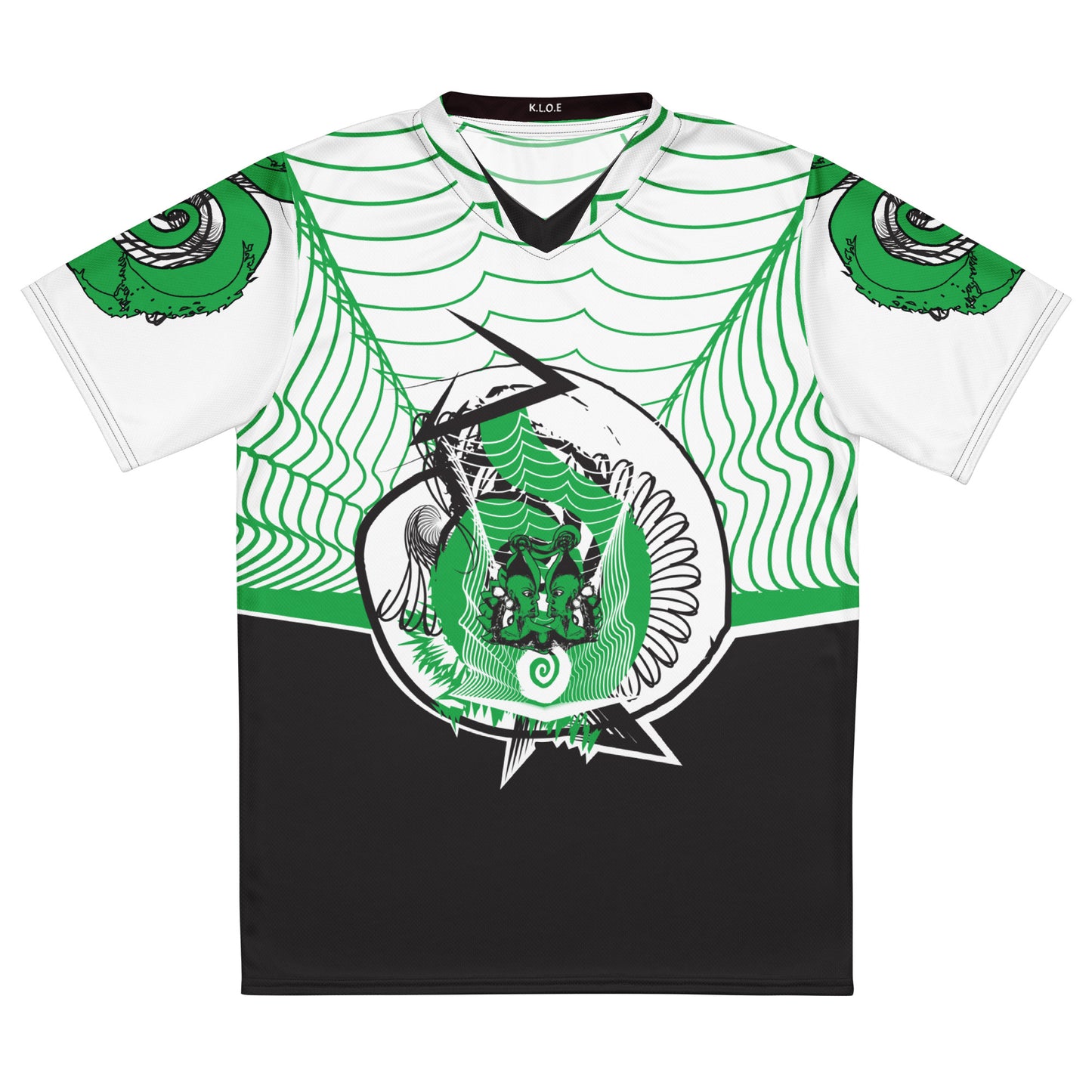 Hand-illustrated unisex sports jersey featuring bold green spirals and abstract face drawings - crafted for authentic self-expression and inspired by global artistic traditions, exclusive to KLOE.
