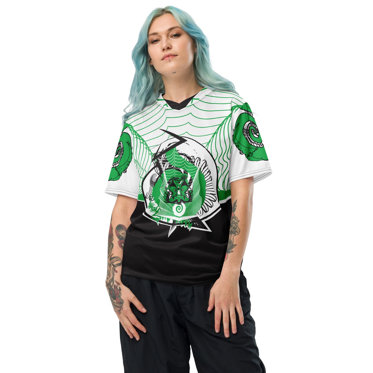 Hand-illustrated unisex sports jersey featuring bold green spirals and abstract face drawings - crafted for authentic self-expression and inspired by global artistic traditions, exclusive to KLOE.
