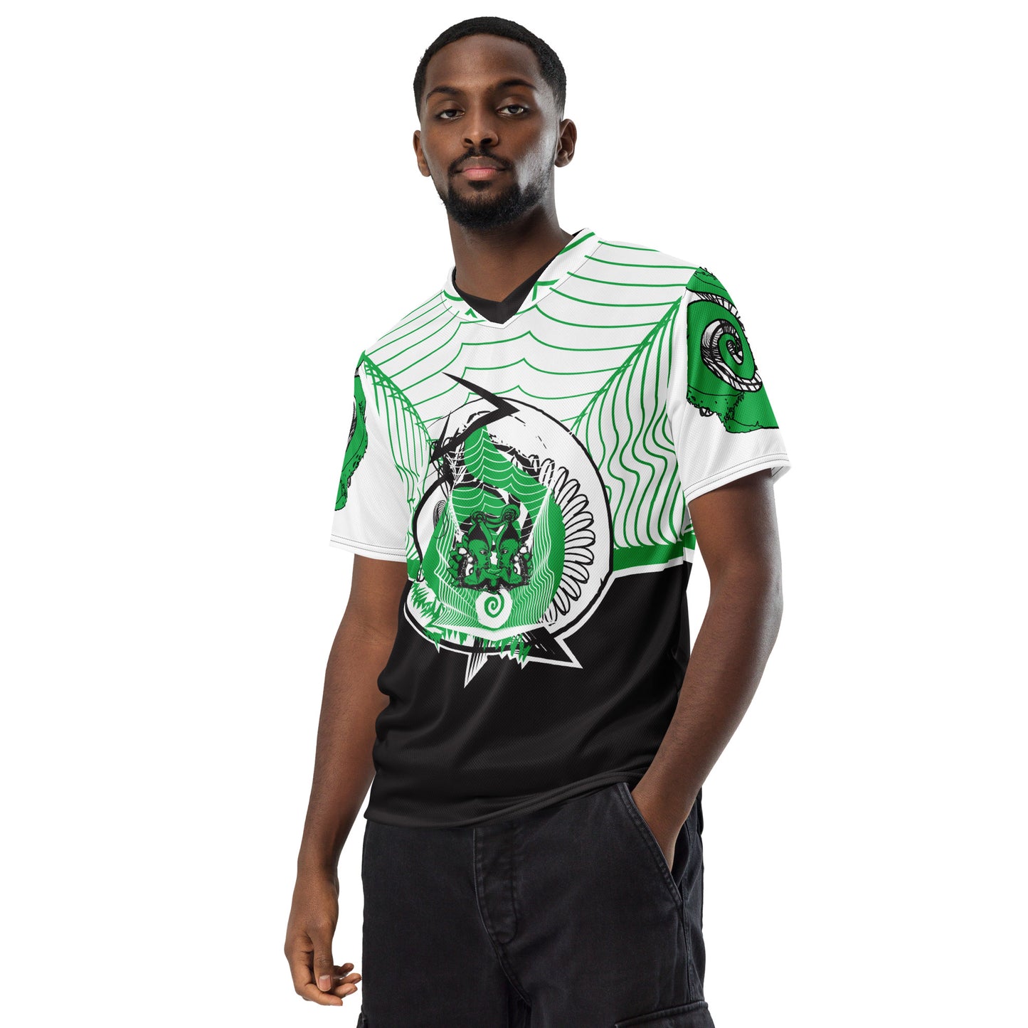 Hand-illustrated unisex sports jersey featuring bold green spirals and abstract face drawings - crafted for authentic self-expression and inspired by global artistic traditions, exclusive to KLOE.