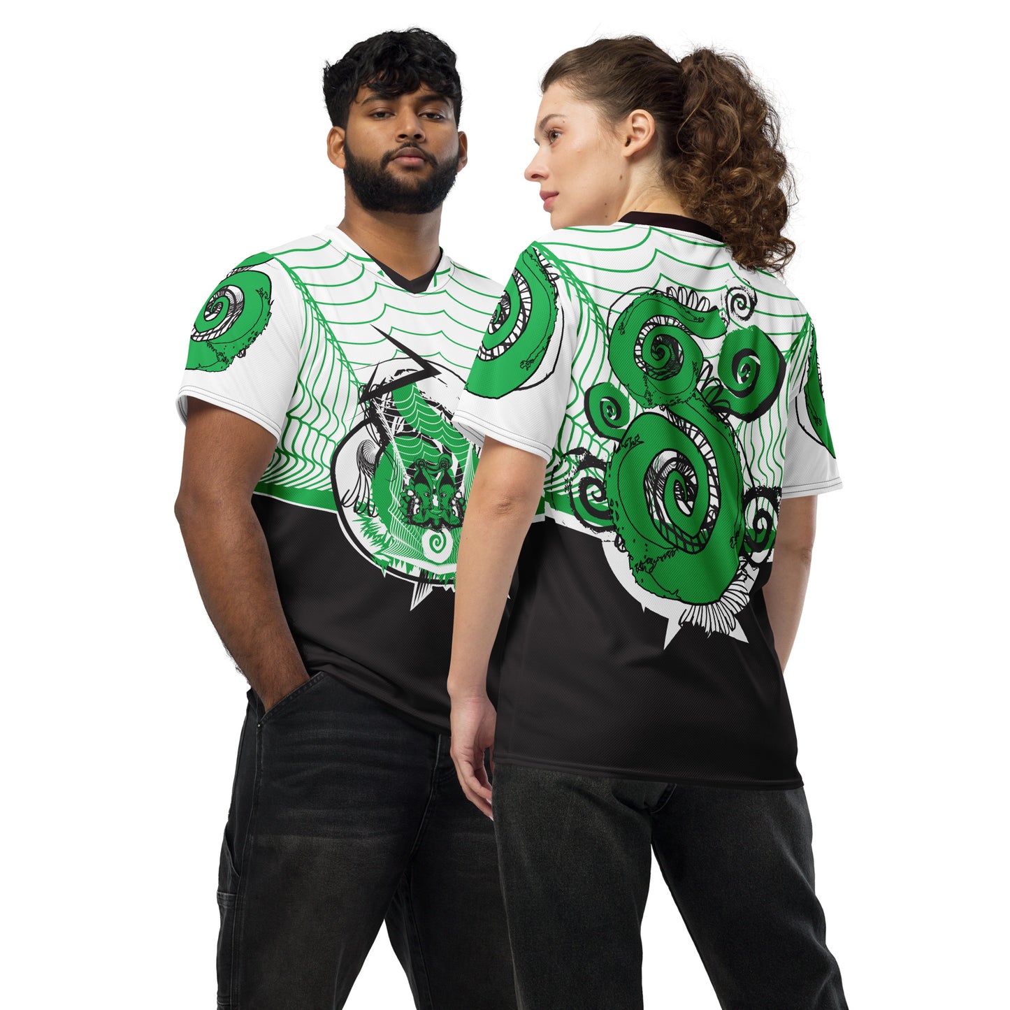 Hand-illustrated unisex sports jersey featuring bold green spirals and abstract face drawings - crafted for authentic self-expression and inspired by global artistic traditions, exclusive to KLOE.