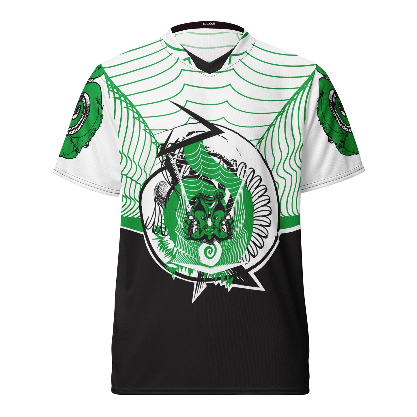 Hand-illustrated unisex sports jersey featuring bold green spirals and abstract face drawings - crafted for authentic self-expression and inspired by global artistic traditions, exclusive to KLOE.