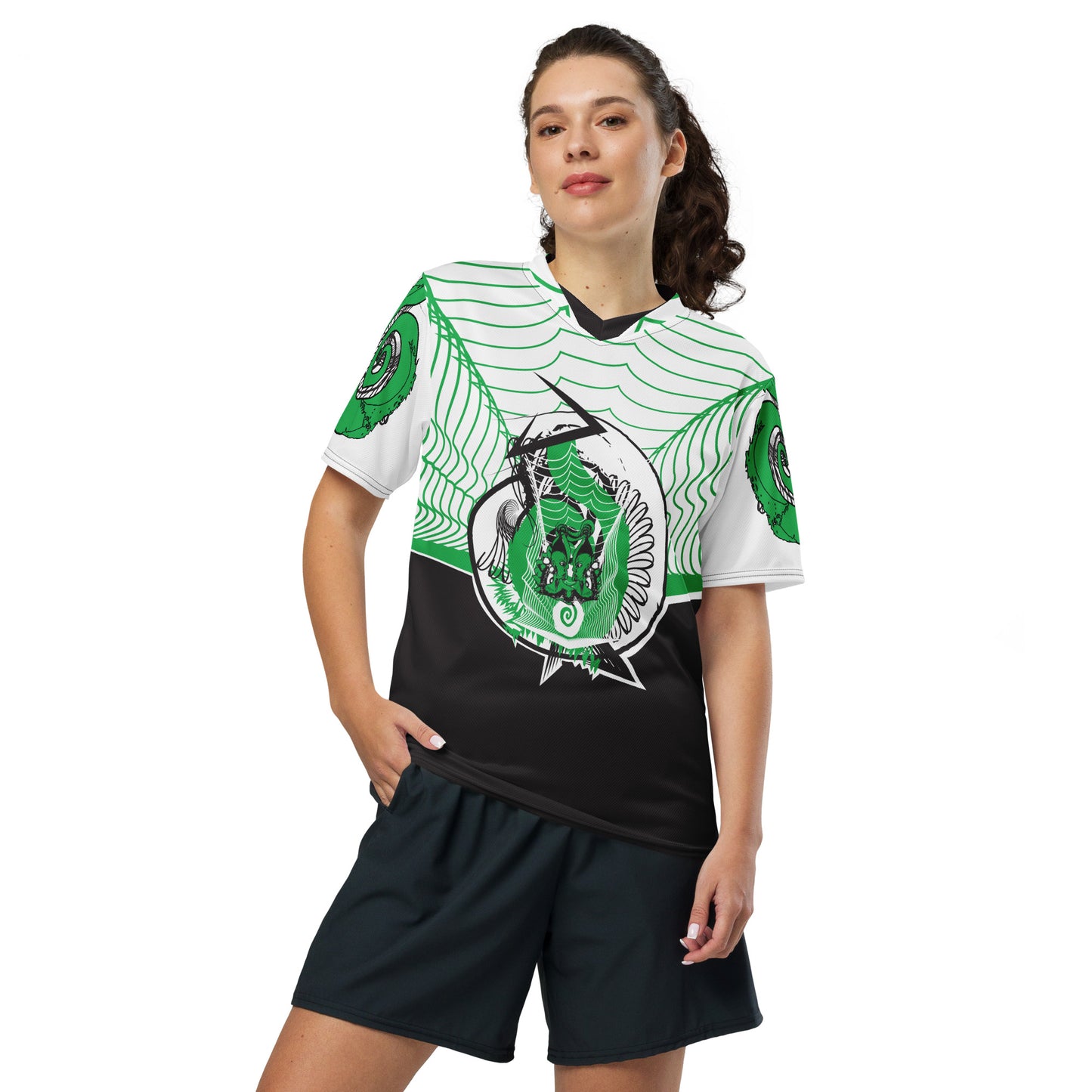 Hand-illustrated unisex sports jersey featuring bold green spirals and abstract face drawings - crafted for authentic self-expression and inspired by global artistic traditions, exclusive to KLOE.