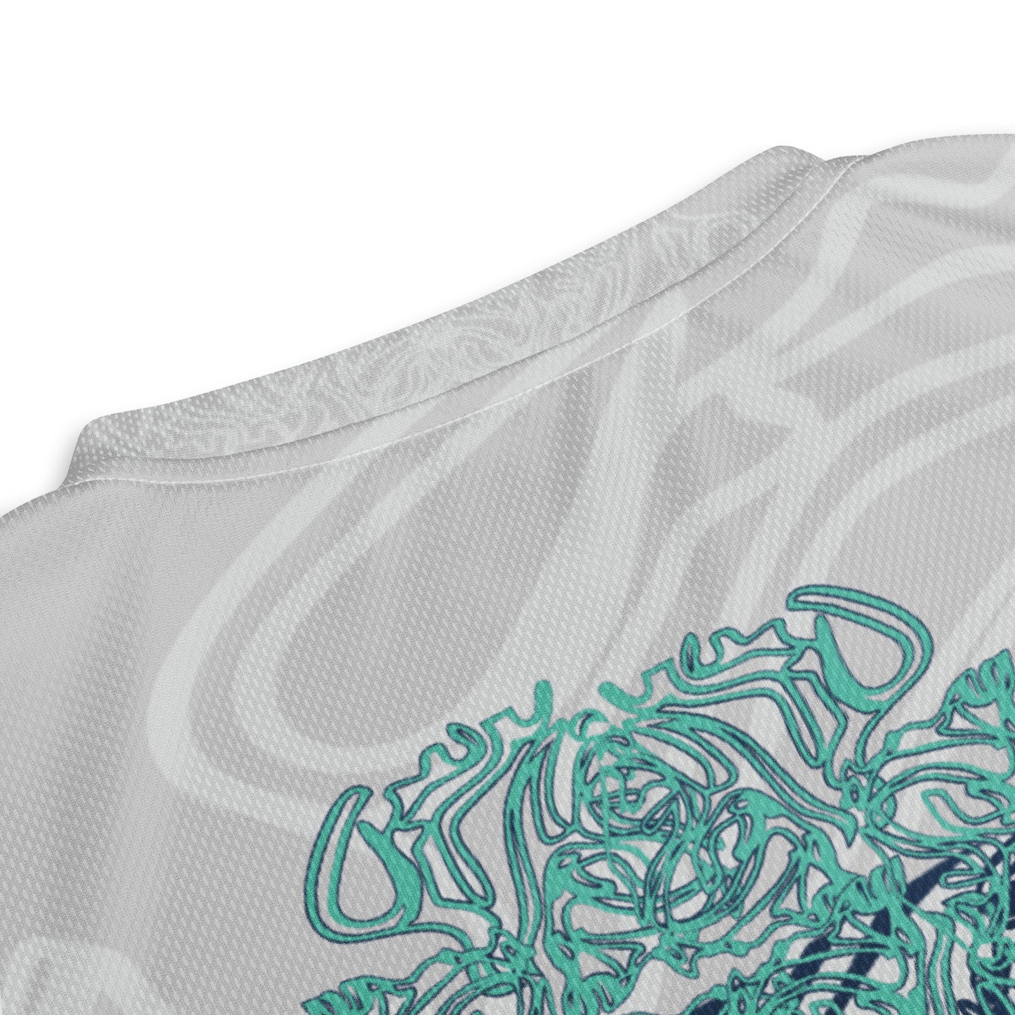 All-over print recycled unisex sports jersey featuring hand-drawn, culturally inspired artwork in navy and jade tones—celebrating individuality and artistic expression through intricate, abstract symbolism. Made by KLOE.