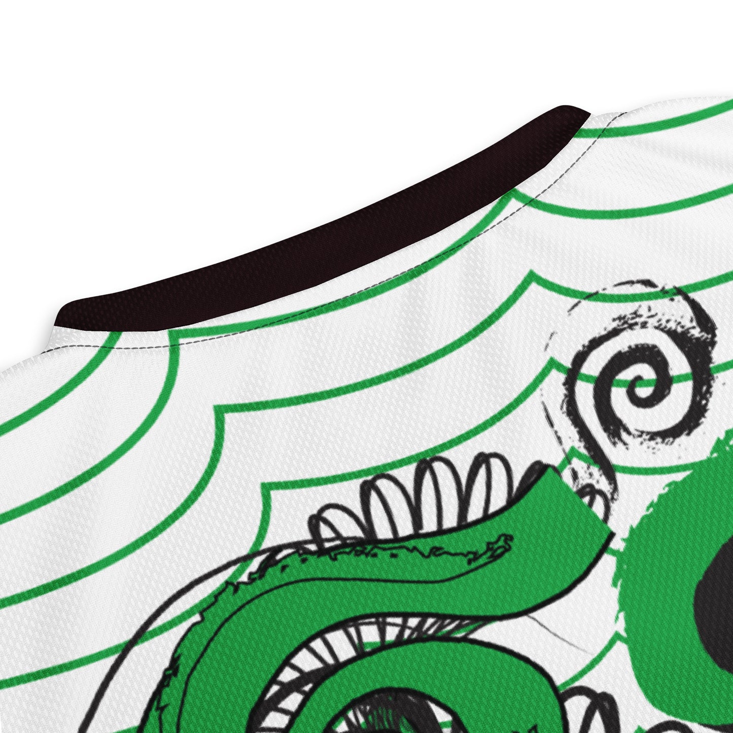 Hand-illustrated unisex sports jersey featuring bold green spirals and abstract face drawings - crafted for authentic self-expression and inspired by global artistic traditions, exclusive to KLOE.