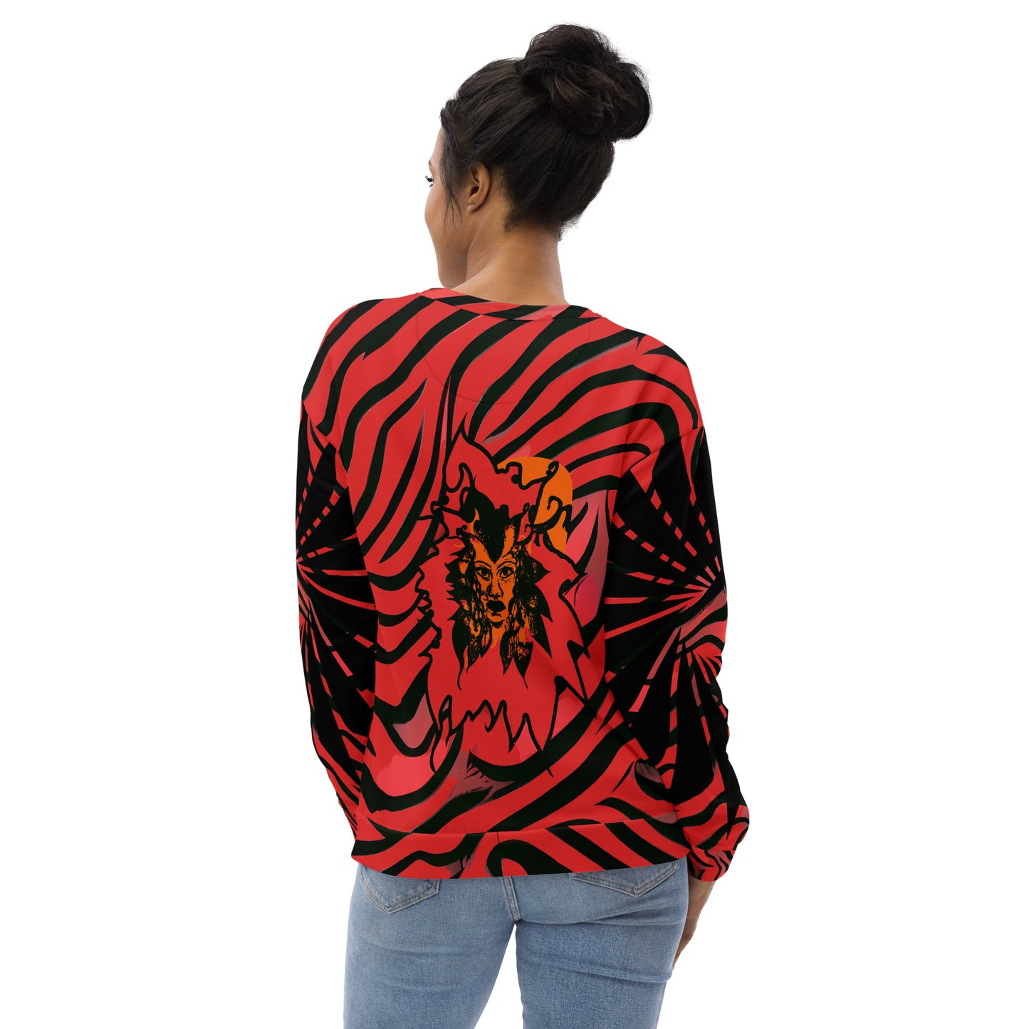 Back view of a model wearing a bold red and black unisex sweatshirt from Kloe Store featuring a striking artistic face design, showcasing unique streetwear style with a vibrant, swirling pattern.