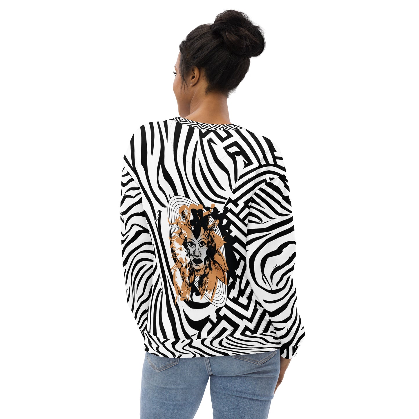 The model wearing bold black and white zebra print unisex sweatshirt from Kloe Store featuring a striking artistic face design on the back, offering unique and edgy streetwear fashion with abstract patterns.