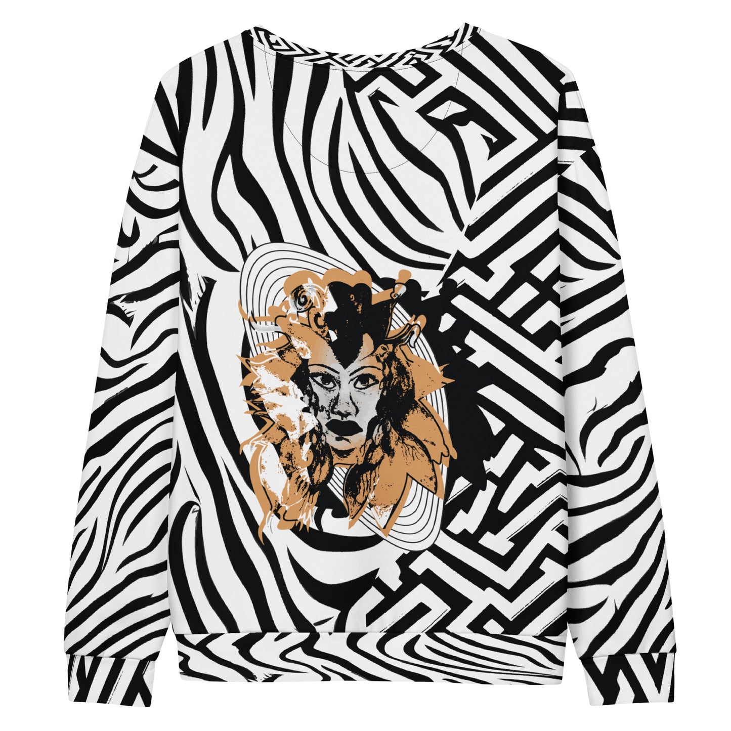 Bold black and white zebra print unisex sweatshirt from Kloe Store featuring a striking artistic face design on the back, offering unique and edgy streetwear fashion with abstract patterns.