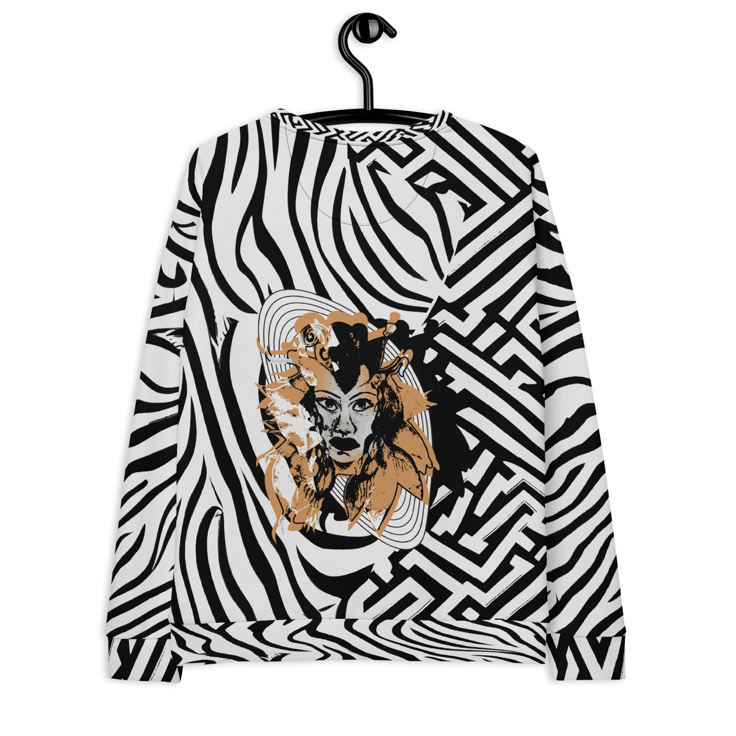 Bold black and white zebra print unisex sweatshirt from Kloe Store featuring a striking artistic face design on the back, offering unique and edgy streetwear fashion with abstract patterns, hanging on the hanger.