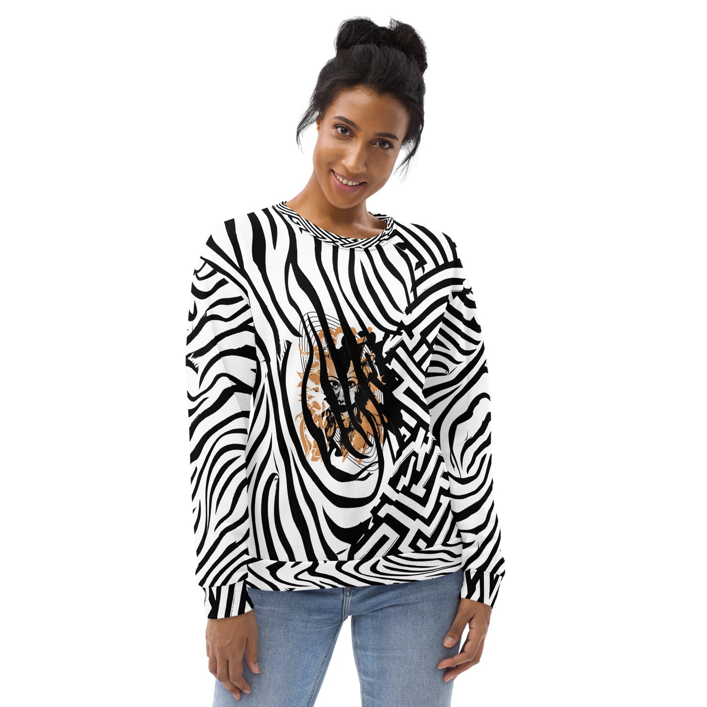The model wearing bold black and white zebra print unisex sweatshirt from Kloe Store featuring a striking artistic face design on the front, offering unique and edgy streetwear fashion with abstract patterns.