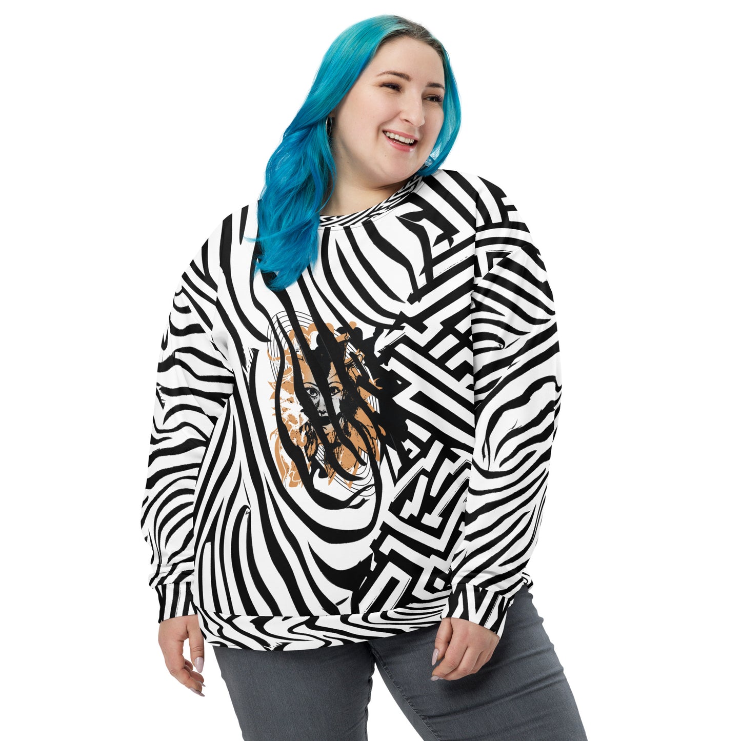 The plus size model wearing bold black and white zebra print unisex sweatshirt from Kloe Store featuring a striking artistic face design on the front, offering unique and edgy streetwear fashion with abstract patterns.