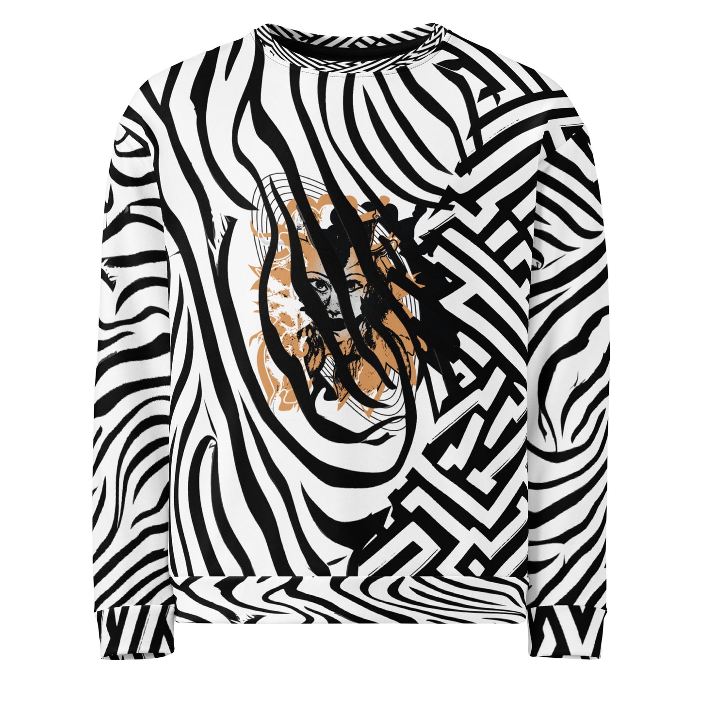 Bold black and white zebra print unisex sweatshirt from Kloe Store featuring a striking artistic face design on the front, offering unique and edgy streetwear fashion with abstract patterns.