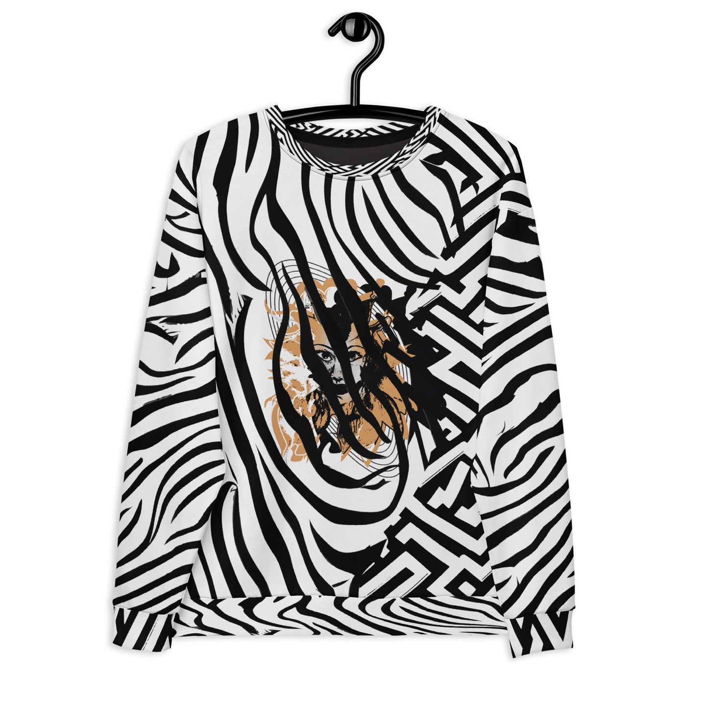 Bold black and white zebra print unisex sweatshirt from Kloe Store featuring a striking artistic face design on the front, offering unique and edgy streetwear fashion with abstract patterns, hanging on the hanger.