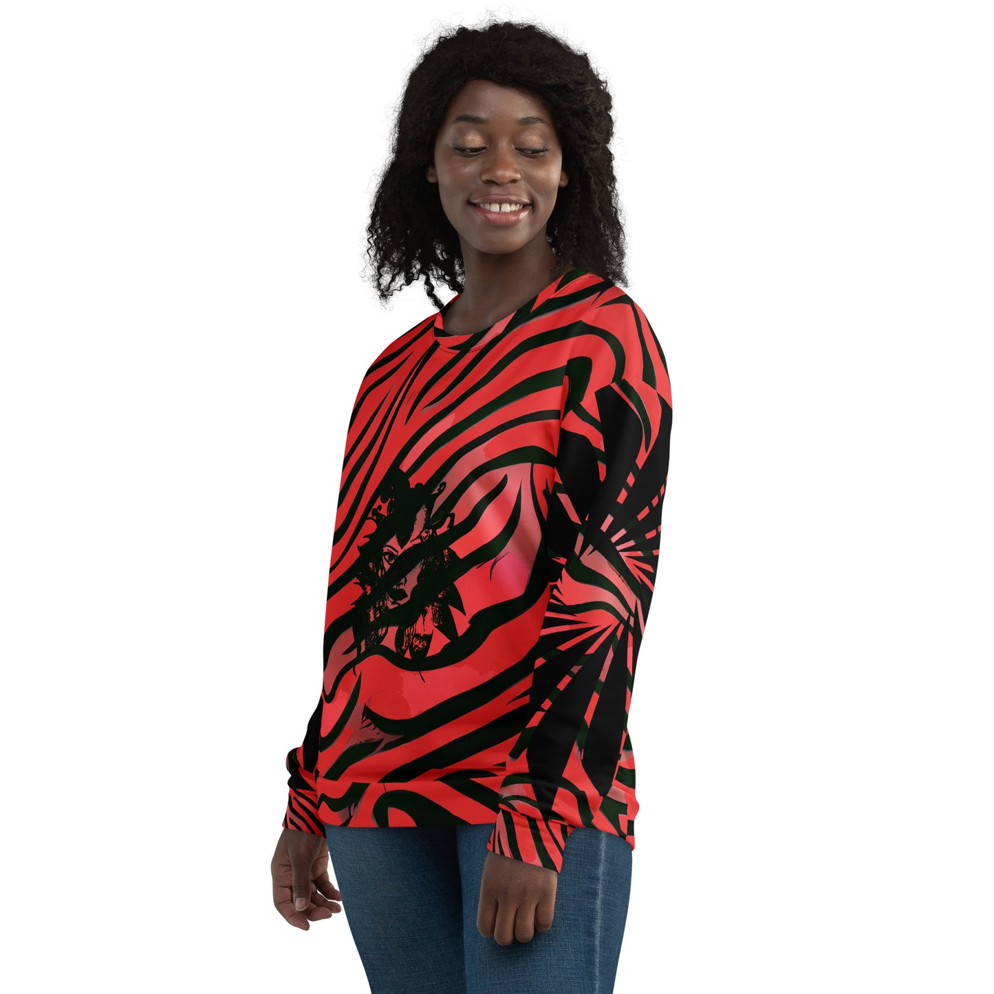 Back view of a model wearing a bold red and black unisex sweatshirt from Kloe Store featuring a striking artistic face design, showcasing unique streetwear style with a vibrant, swirling pattern.