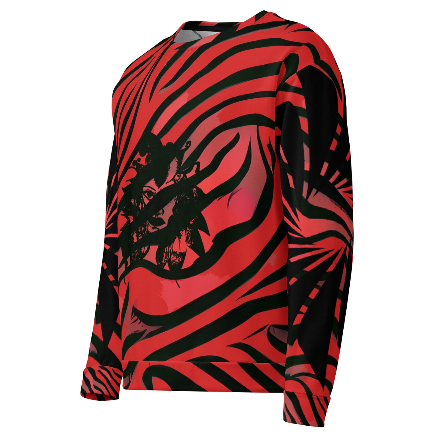 Front view of a bold red and black unisex sweatshirt from Kloe Store featuring a striking artistic face design, showcasing unique streetwear style with a vibrant, swirling pattern.