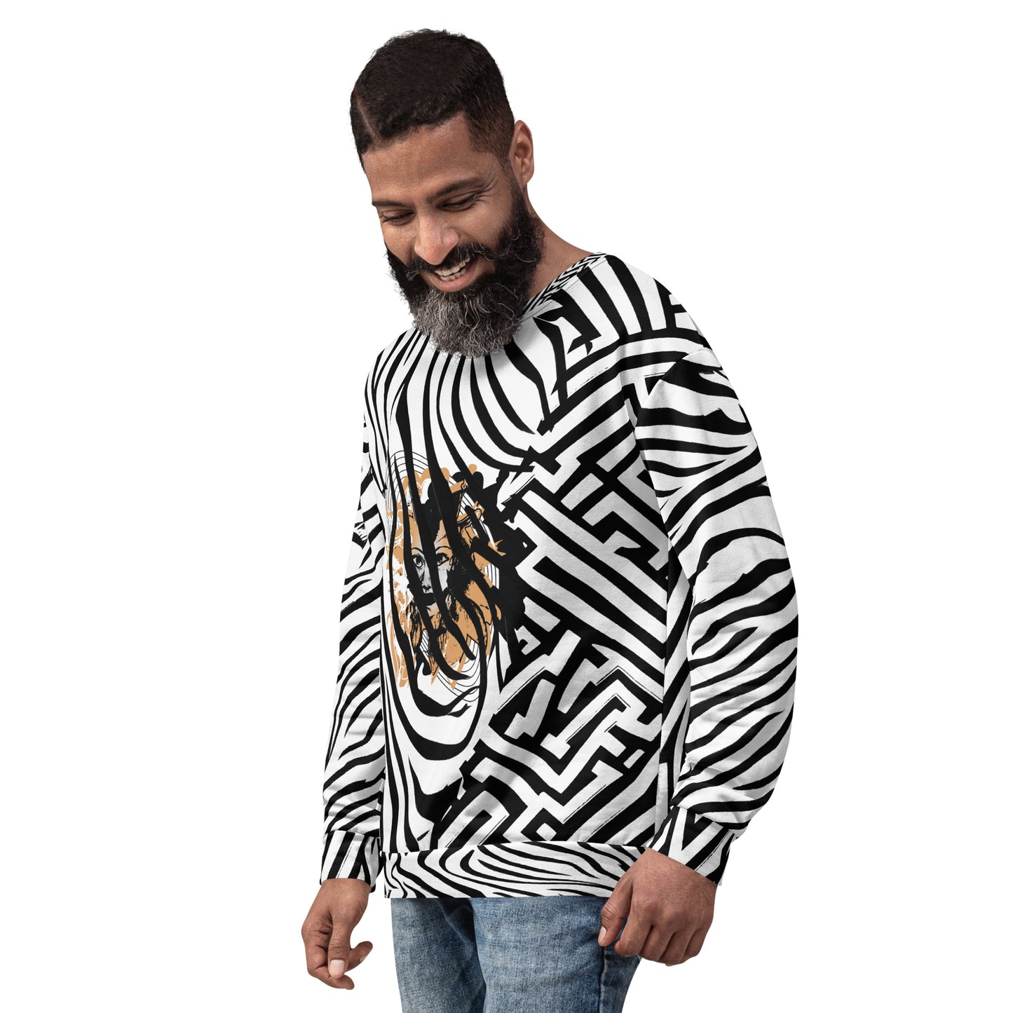 The male model wearing bold black and white zebra print unisex sweatshirt from Kloe Store featuring a striking artistic face design on the front, offering unique and edgy streetwear fashion with abstract patterns.