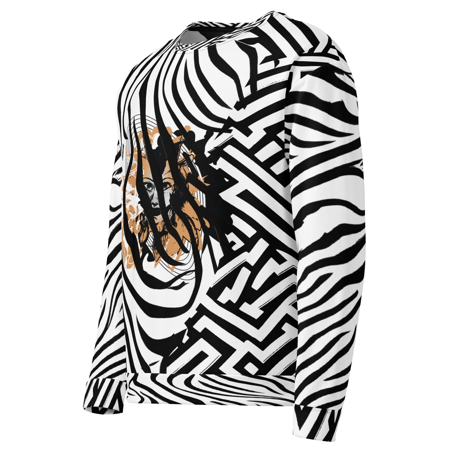 Bold black and white zebra print unisex sweatshirt from Kloe Store featuring a striking artistic face design on the front, offering unique and edgy streetwear fashion with abstract patterns.