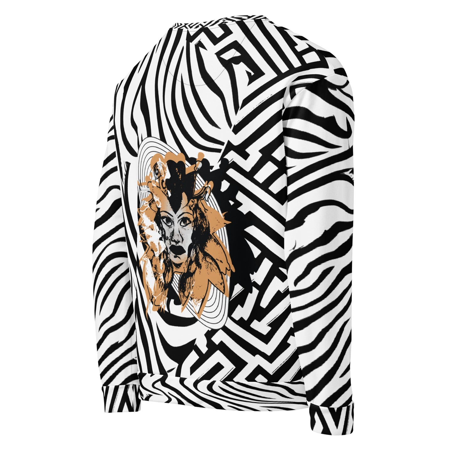 Bold black and white zebra print unisex sweatshirt from Kloe Store featuring a striking artistic face design on the back, offering unique and edgy streetwear fashion with abstract patterns.