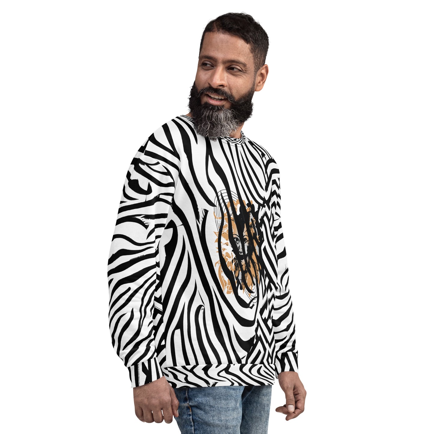The male model wearing bold black and white zebra print unisex sweatshirt from Kloe Store featuring a striking artistic face design on the front, offering unique and edgy streetwear fashion with abstract patterns.