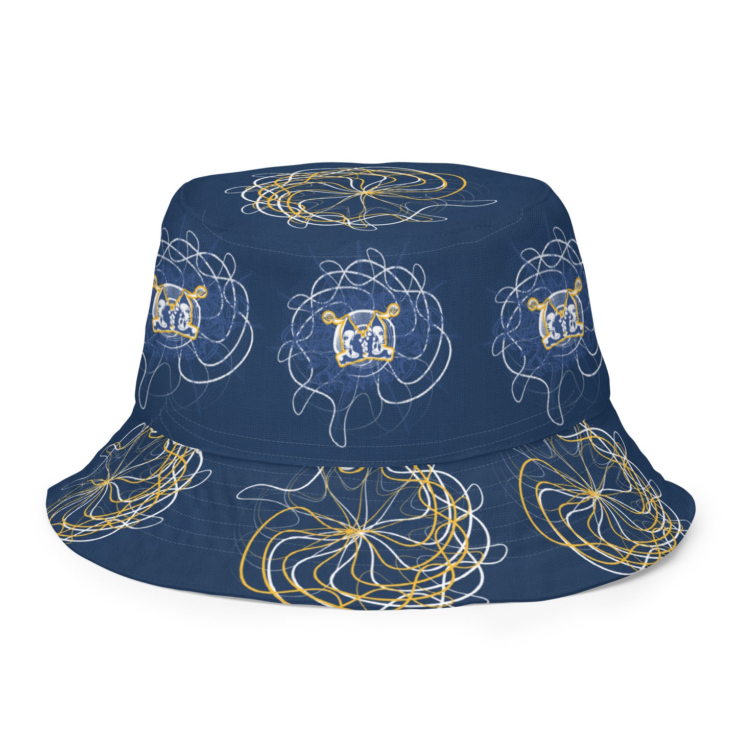 Reversible bucket hat featuring navy and golden yellow sides with abstract white linework and mirrored face emblems, blending hand-drawn cultural art with bold, expressive streetwear style.