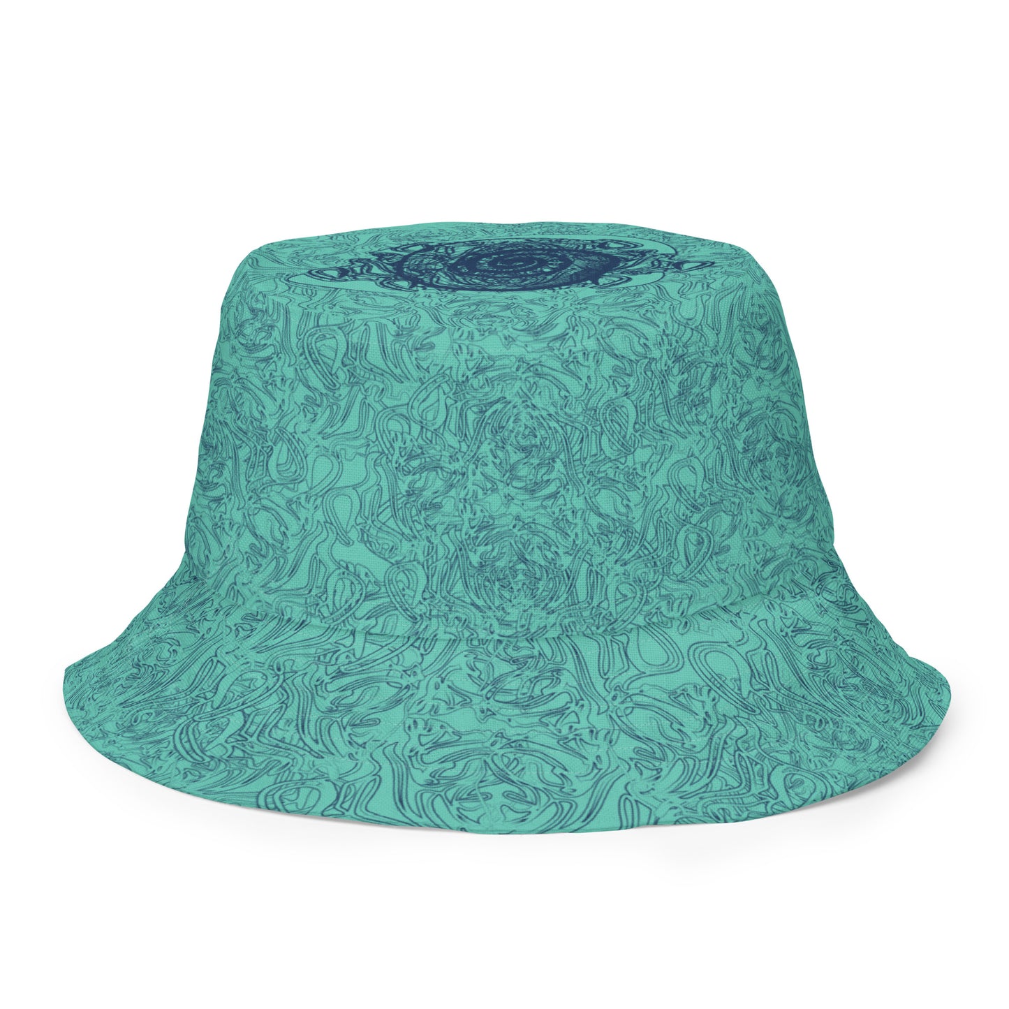 Reversible bucket hat with abstract jade and white linework, featuring dual-face artwork on one side and K.L.O.E logo on the other—crafted for bold, expressive style.