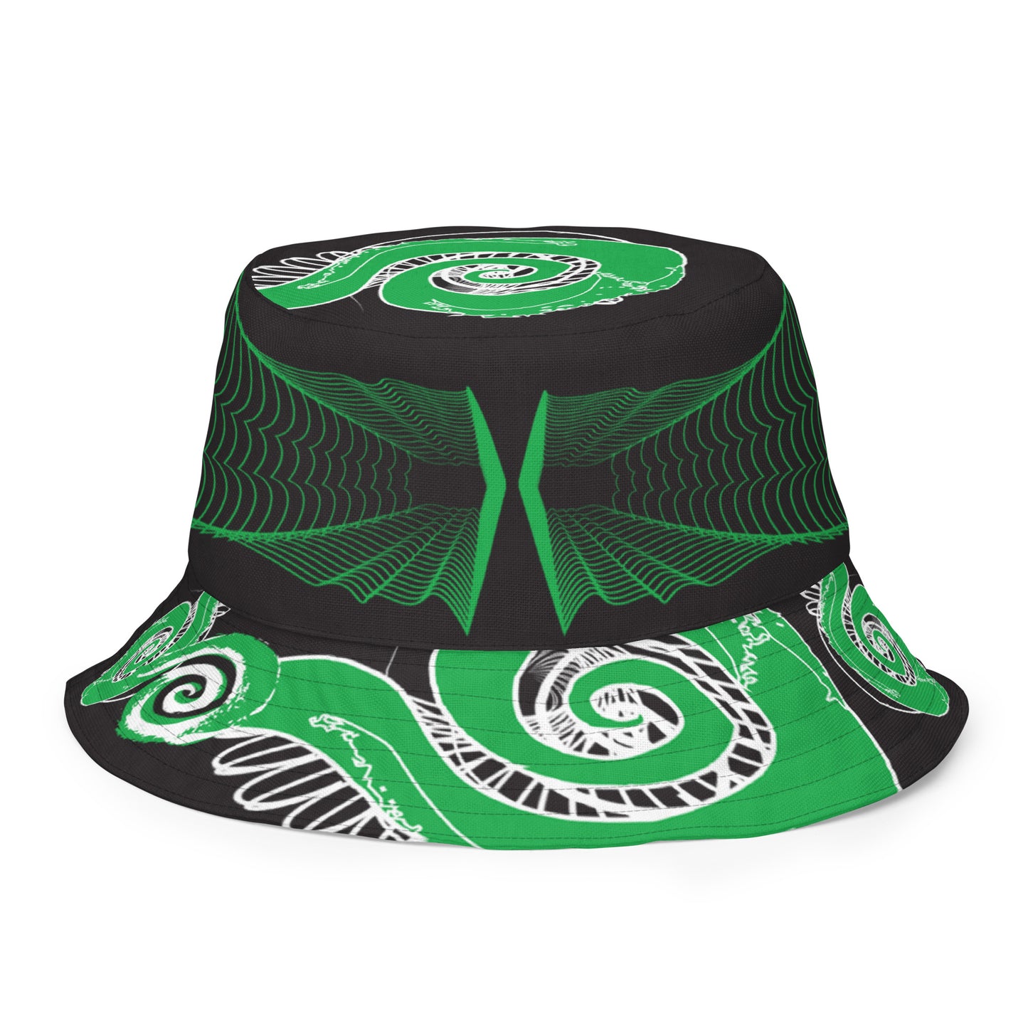 Hand-illustrated reversible bucket hat featuring bold green spirals and intricate web-inspired patterns — crafted for versatile self-expression and rooted in artistic individuality, exclusive to KLOE.